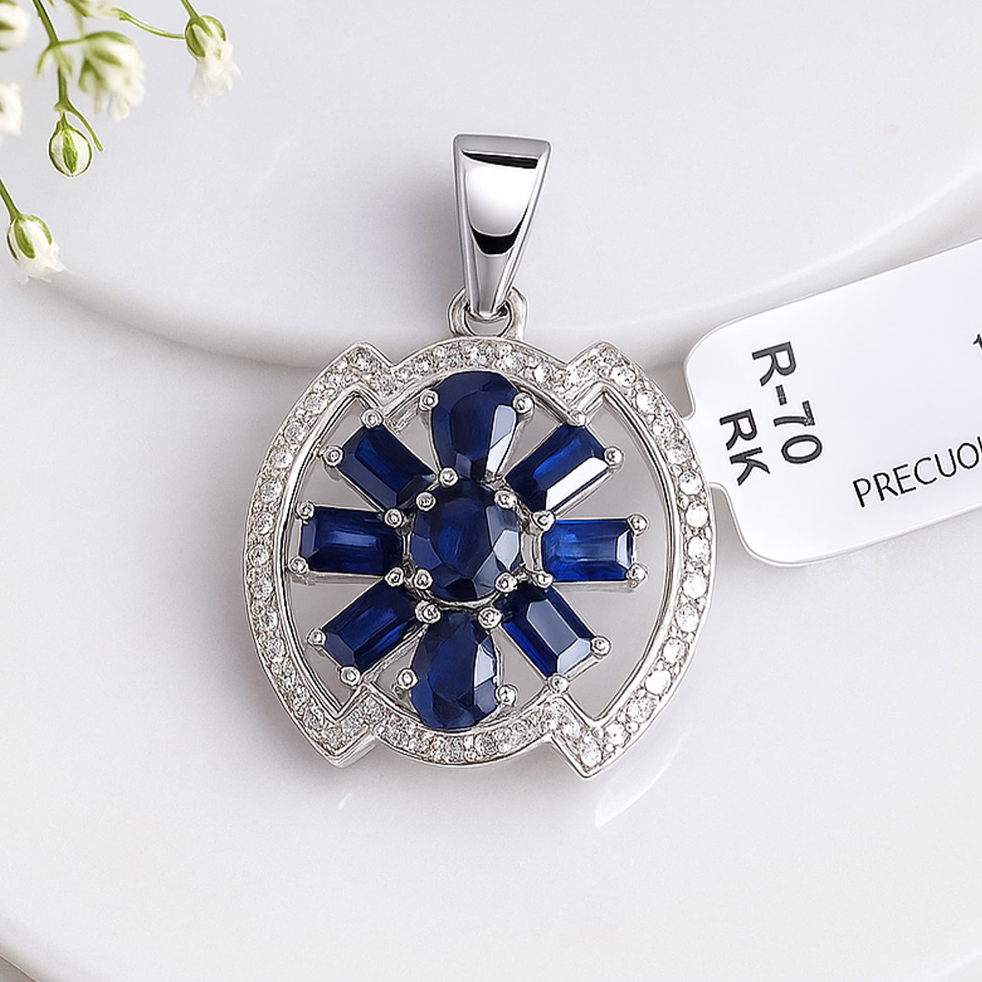 Blue Sapphire Diamond Floral Halo Pendant