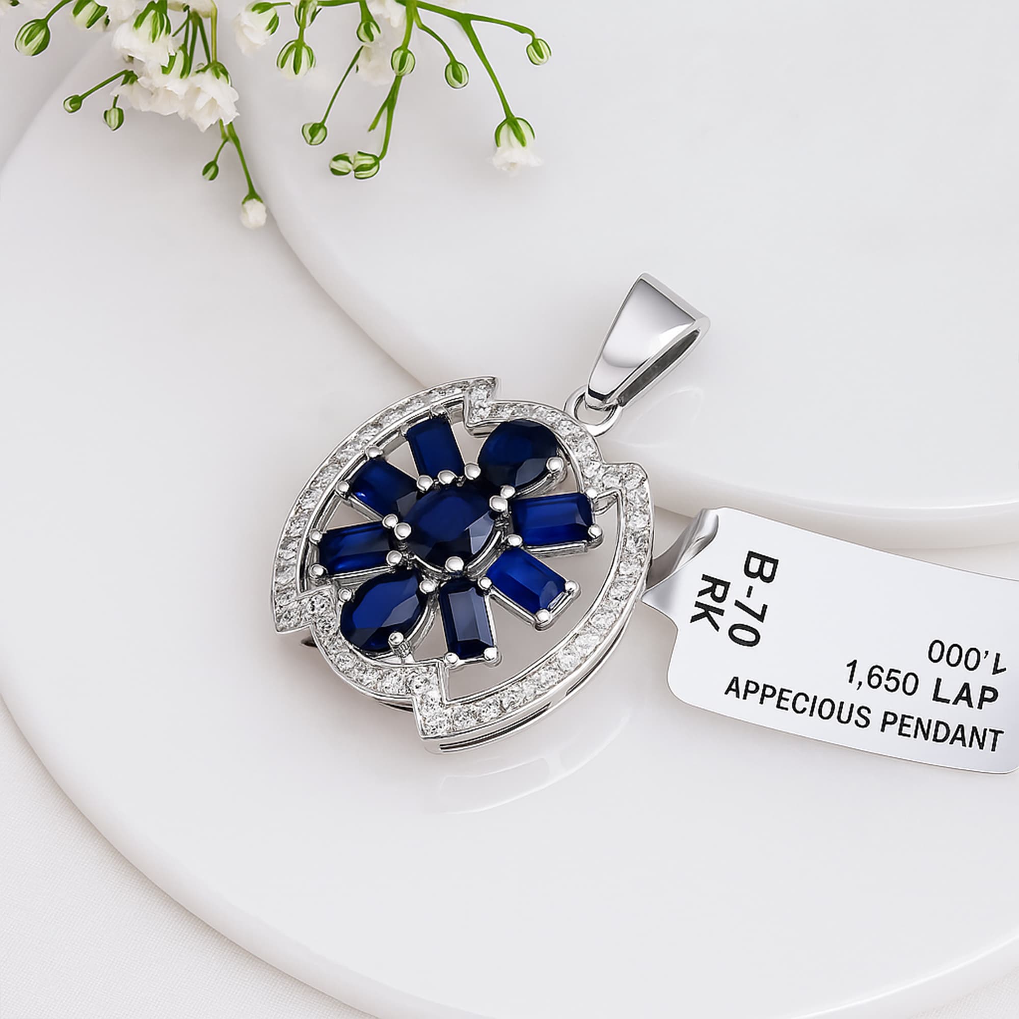 Blue Sapphire Diamond Floral Halo Pendant alternate view