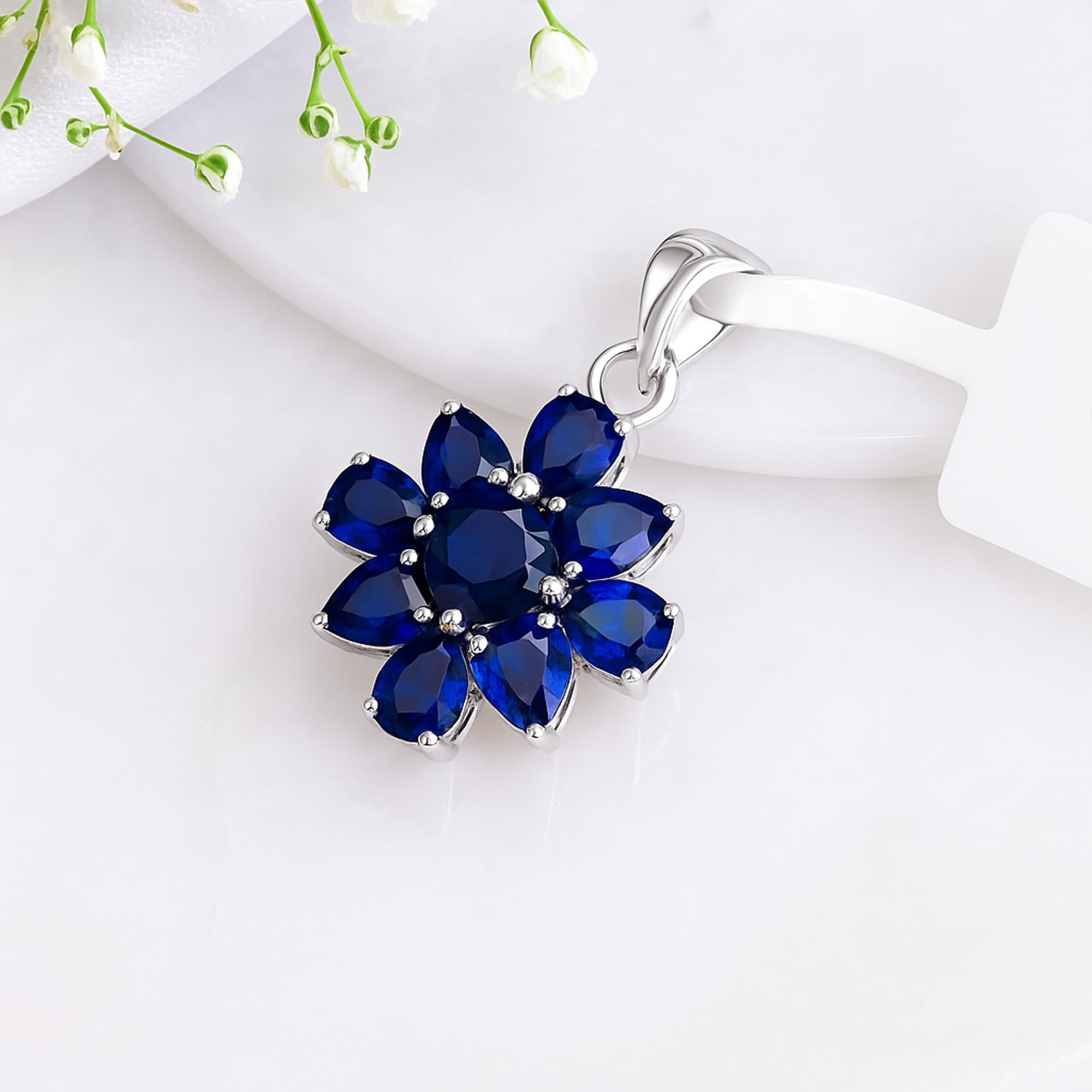Blue Sapphire Floral Blossom Pendant alternate view