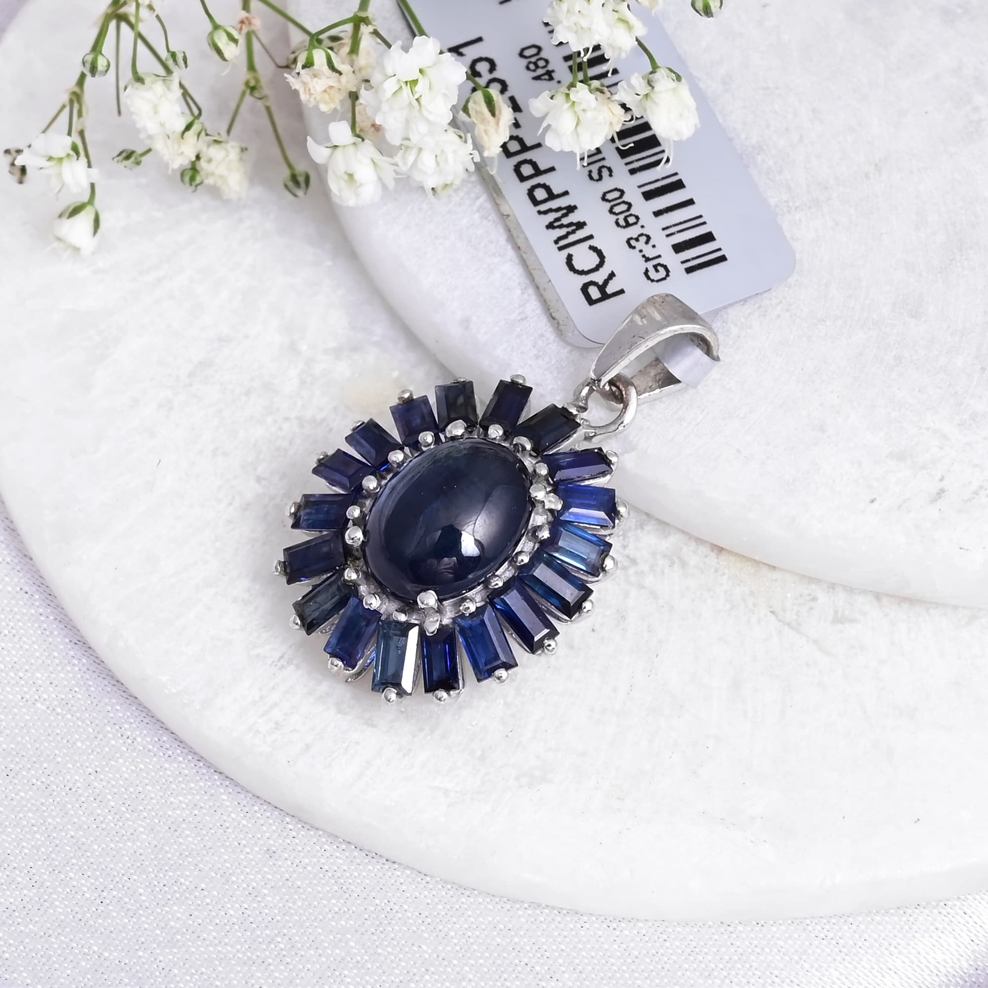 Blue Sapphire Sunburst Pendant Necklace alternate view