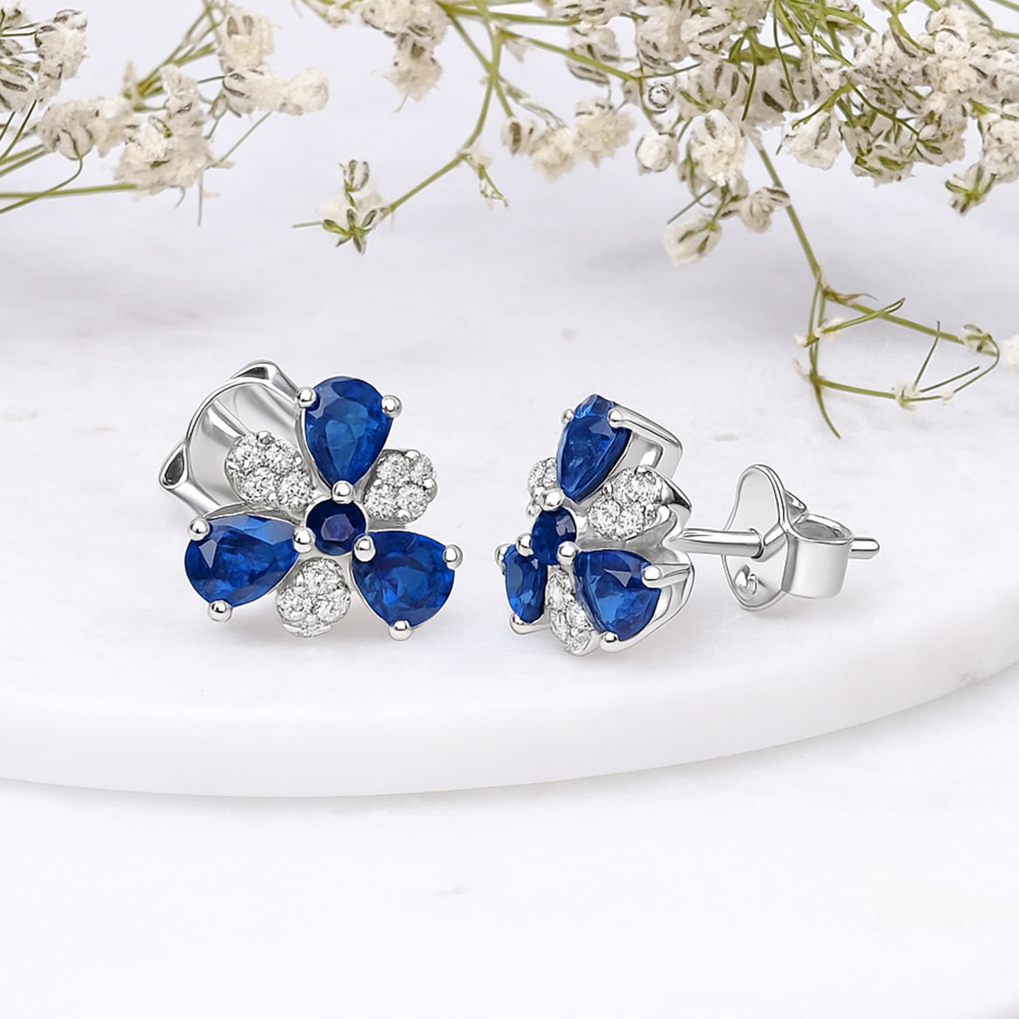 Floral Sapphire Diamond Stud Earrings alternate view