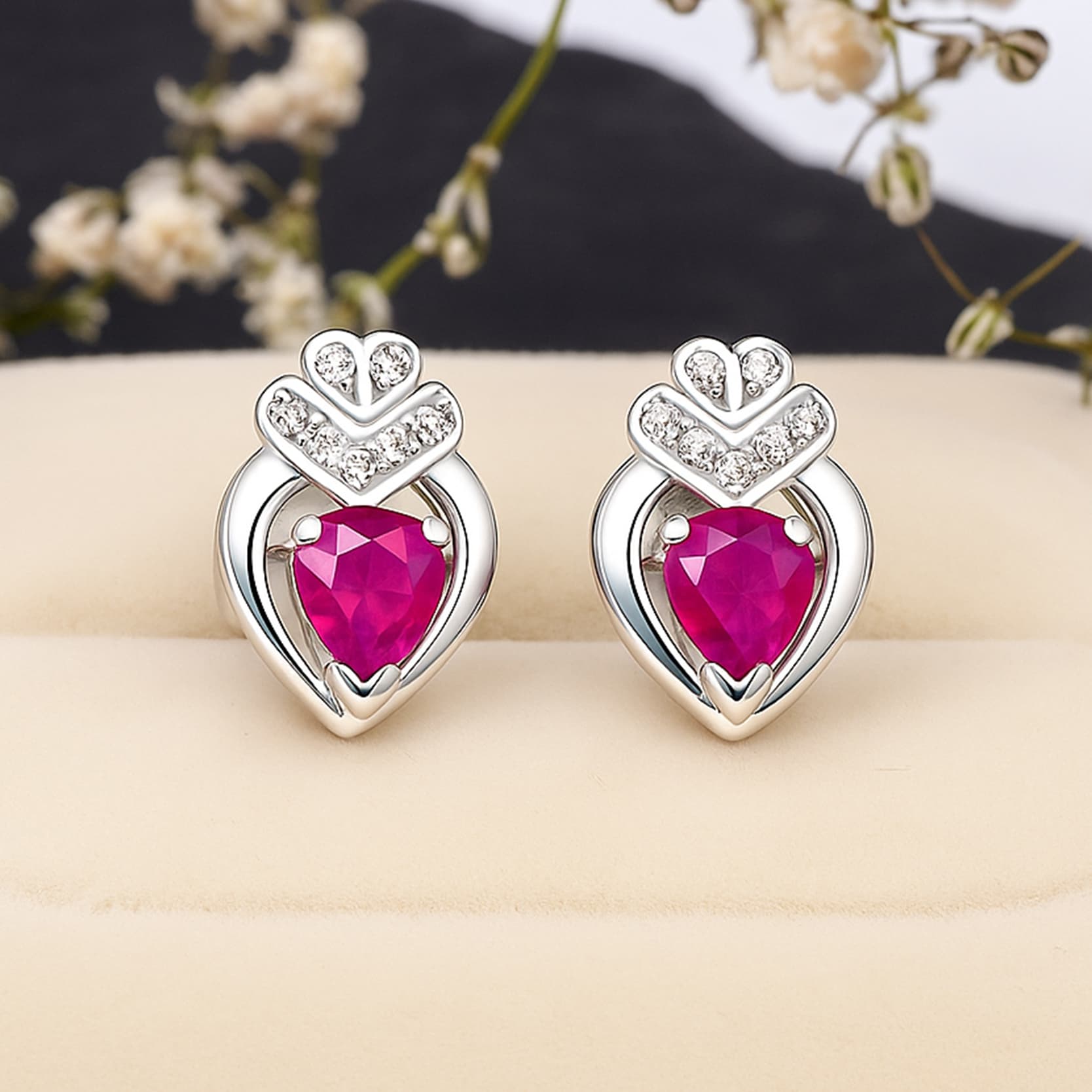 Heart Crown Ruby Stud Earrings