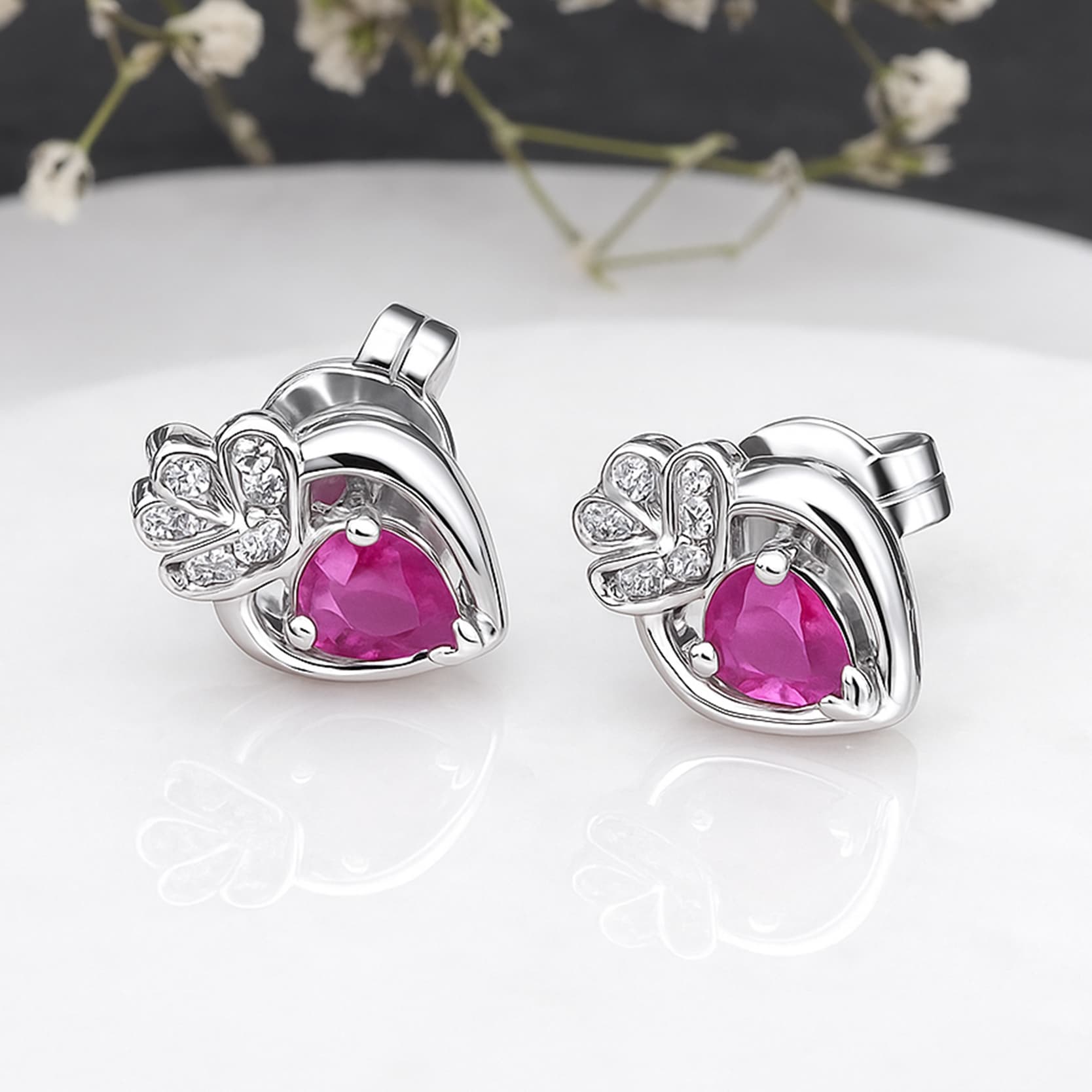 Heart Crown Ruby Stud Earrings