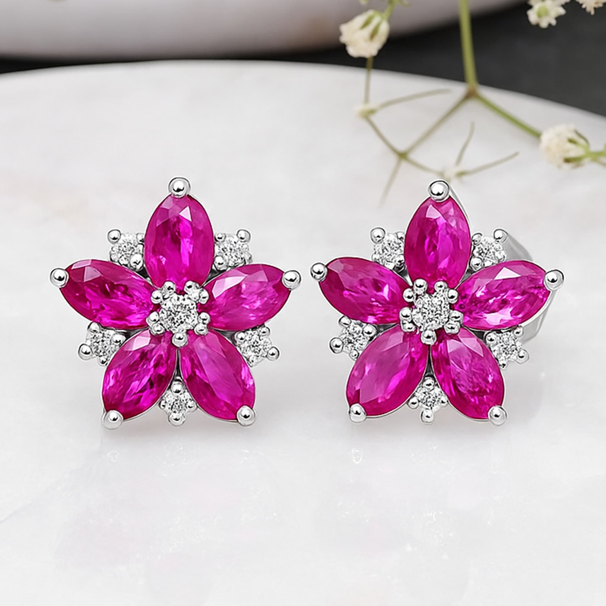 Ruby Floral Diamond Stud Earrings