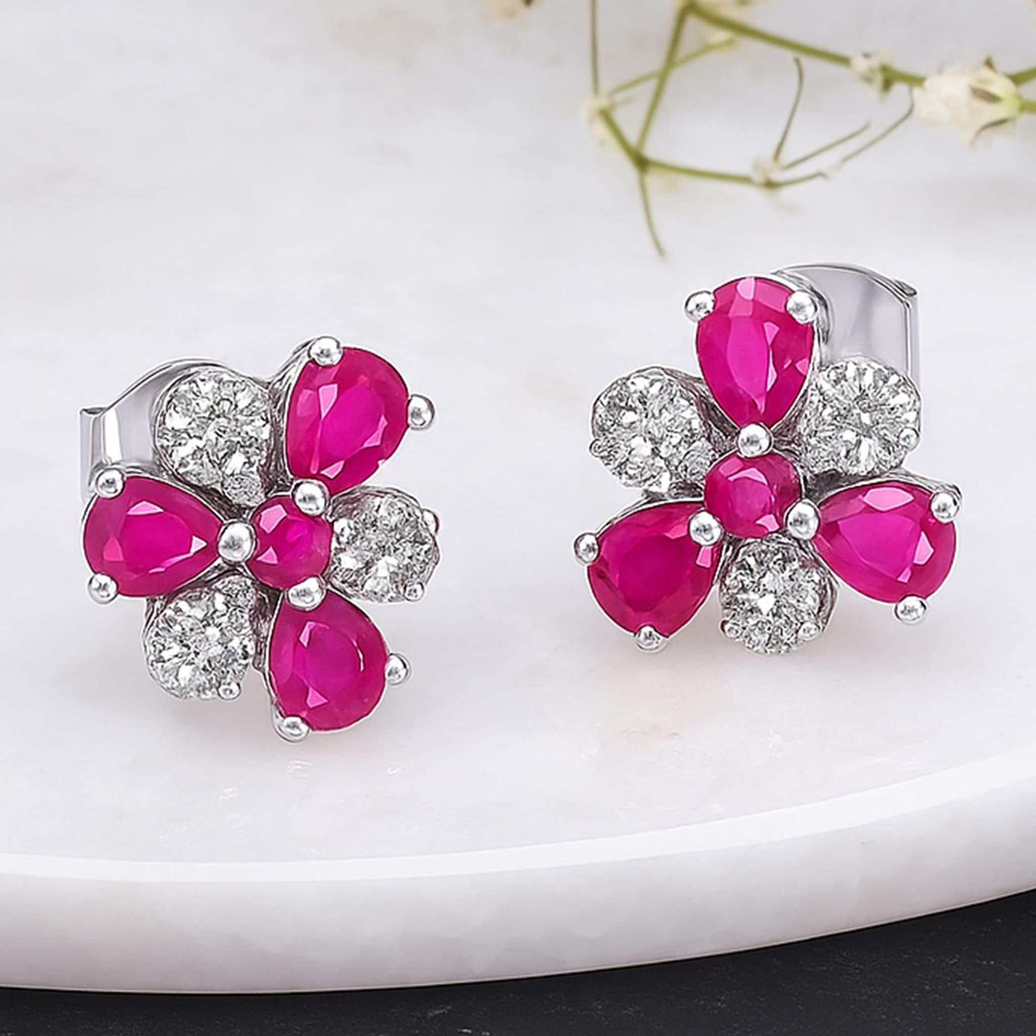 Ruby Diamond Floral Stud Earrings