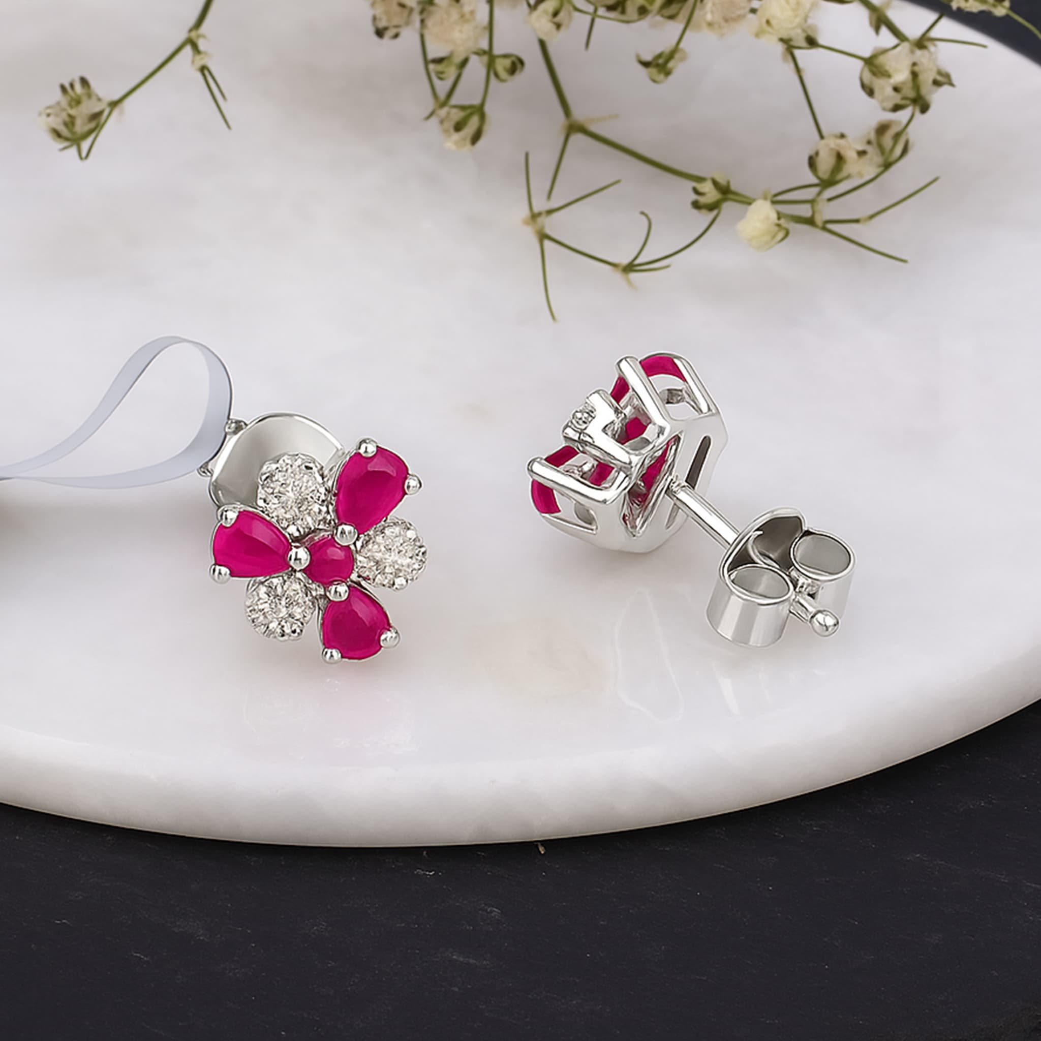 Ruby Diamond Floral Stud Earrings