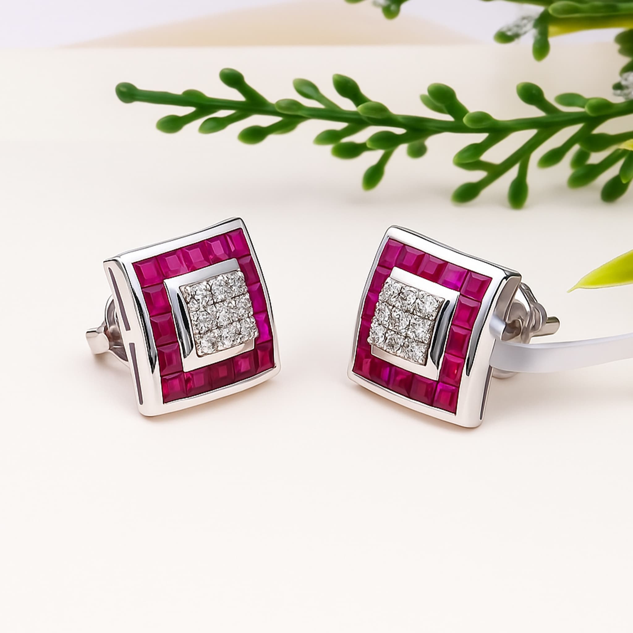Ruby Diamond Square Stud Earrings alternate view