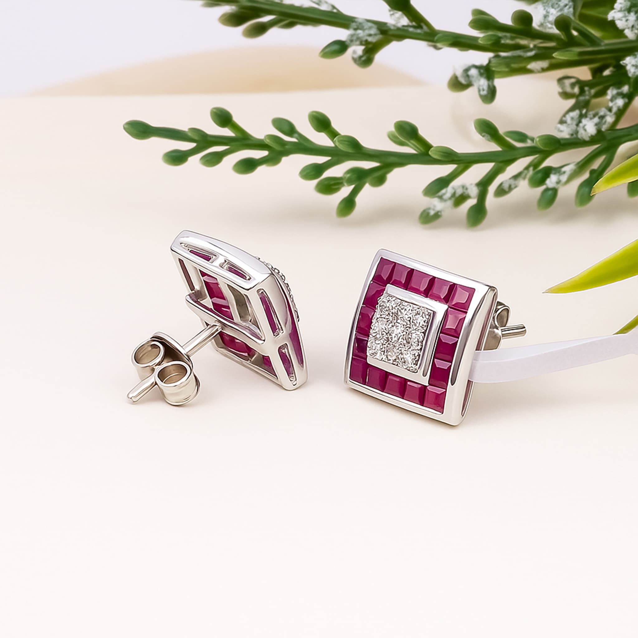 Ruby Diamond Square Stud Earrings