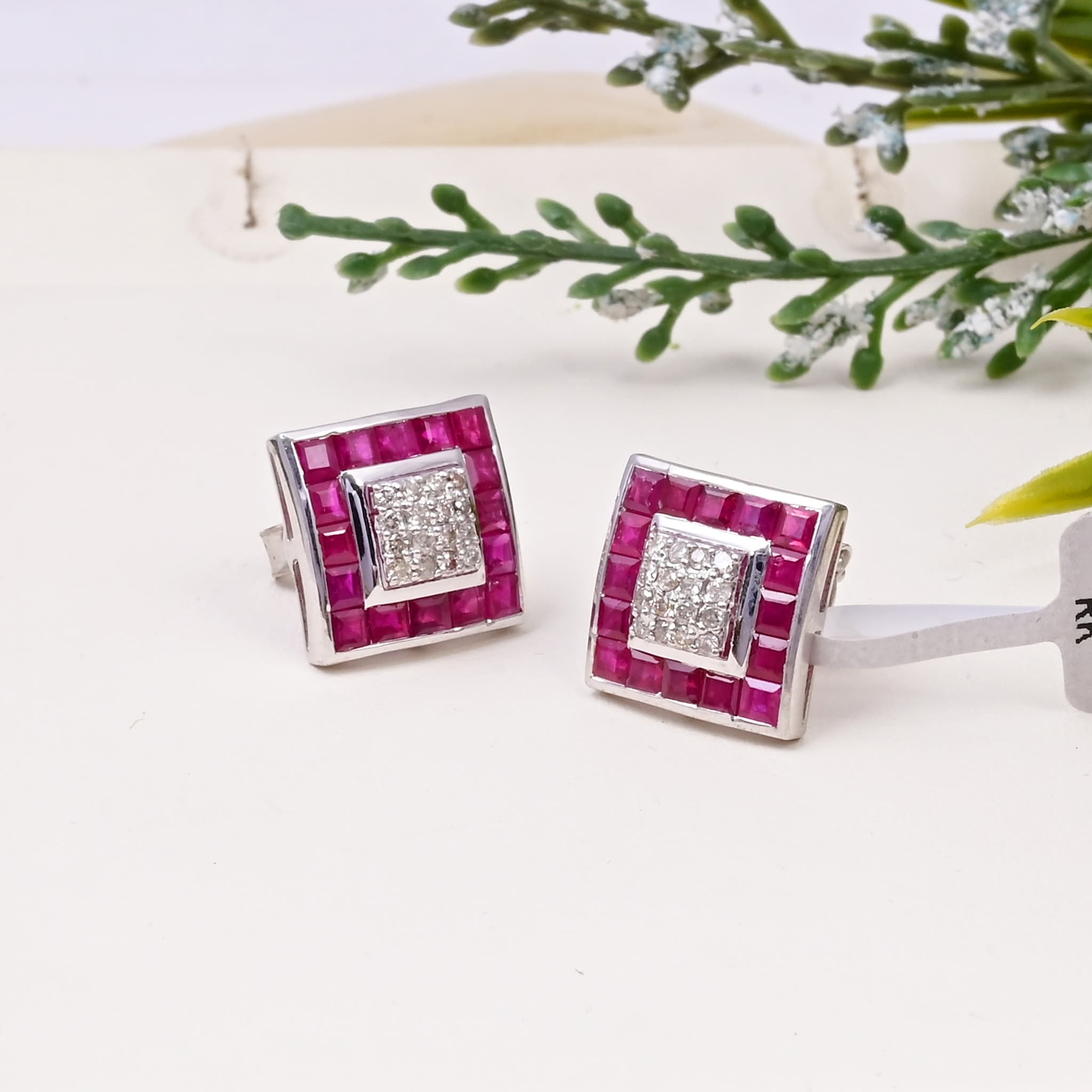 Ruby Diamond Square Stud Earrings