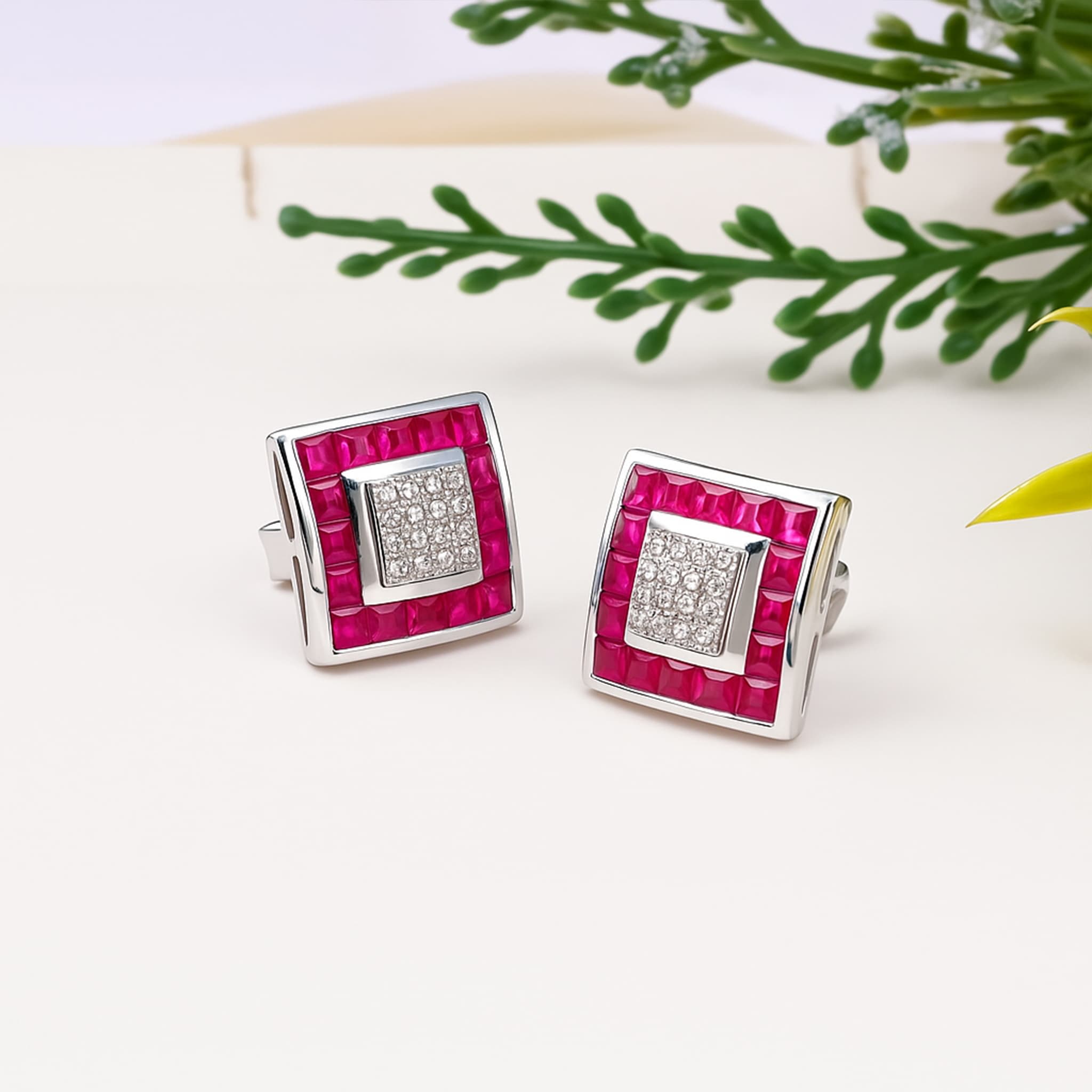 Ruby Diamond Square Stud Earrings