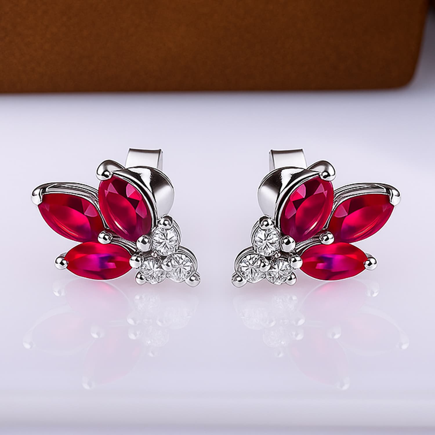 Ruby Diamond Leaf Stud Earrings