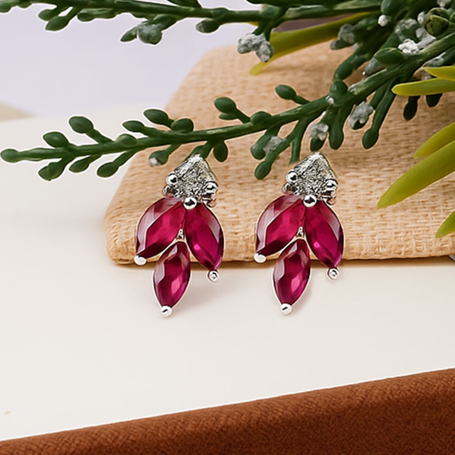 Ruby Diamond Leaf Stud Earrings