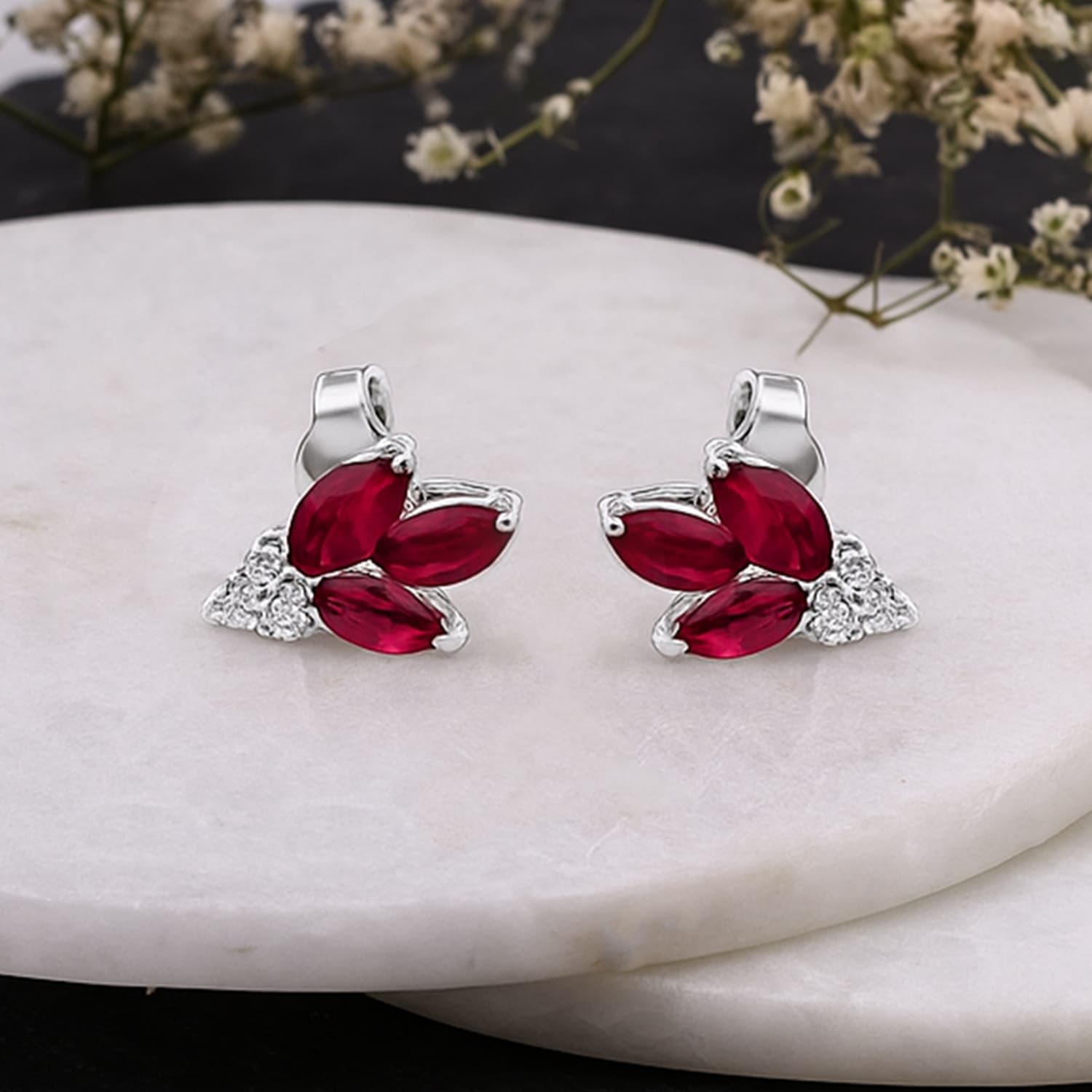Ruby Diamond Leaf Stud Earrings