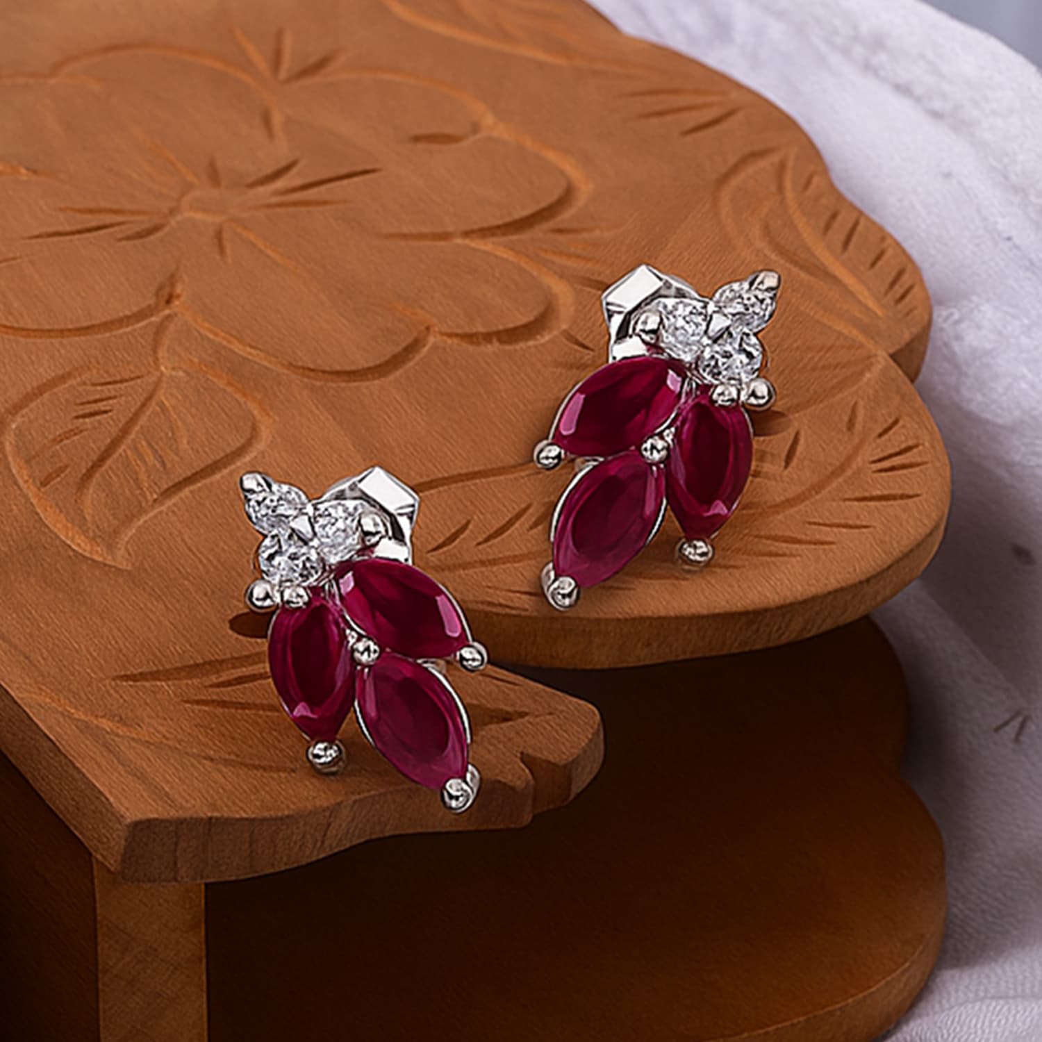 Ruby Diamond Leaf Stud Earrings