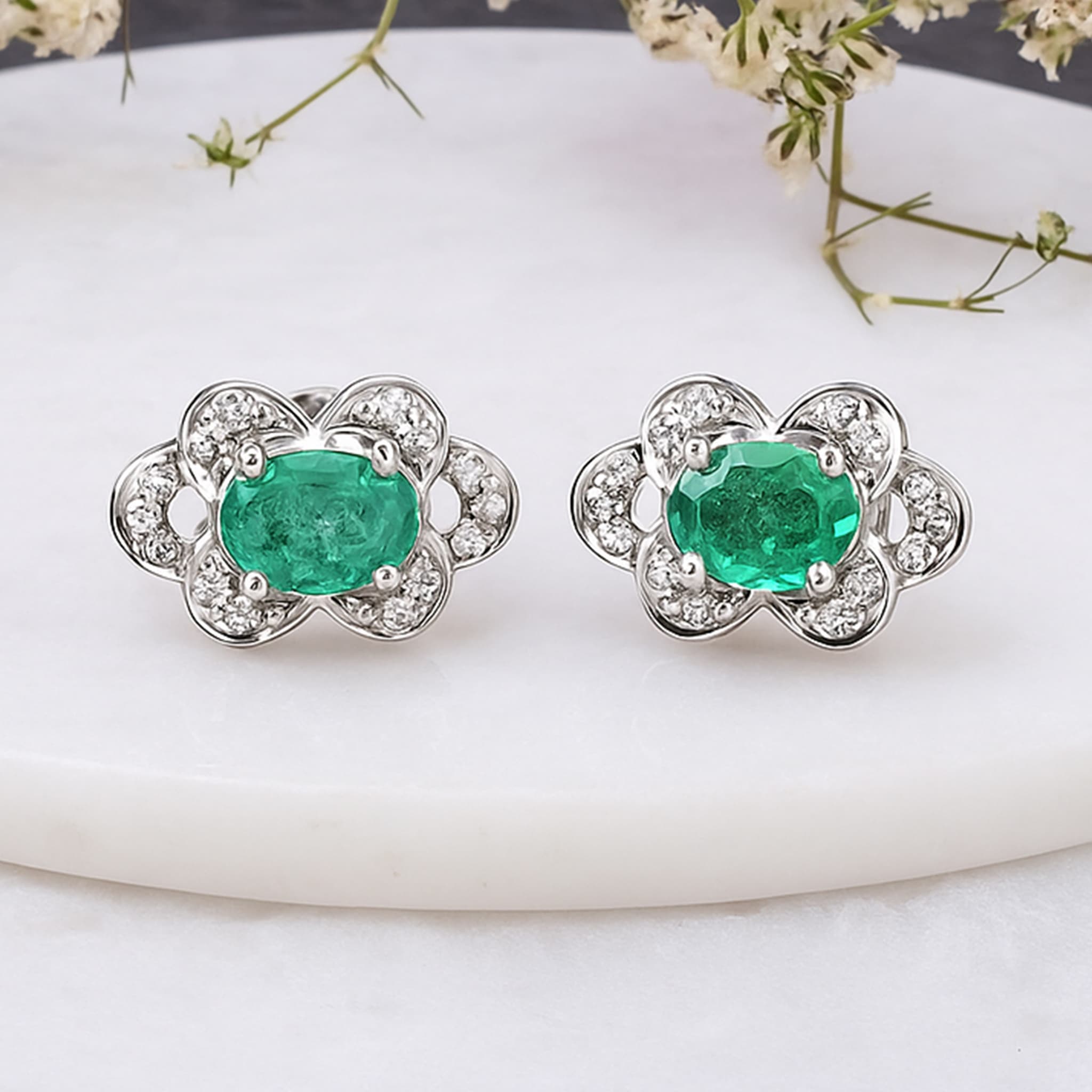 Emerald Floral Diamond Stud Earrings
