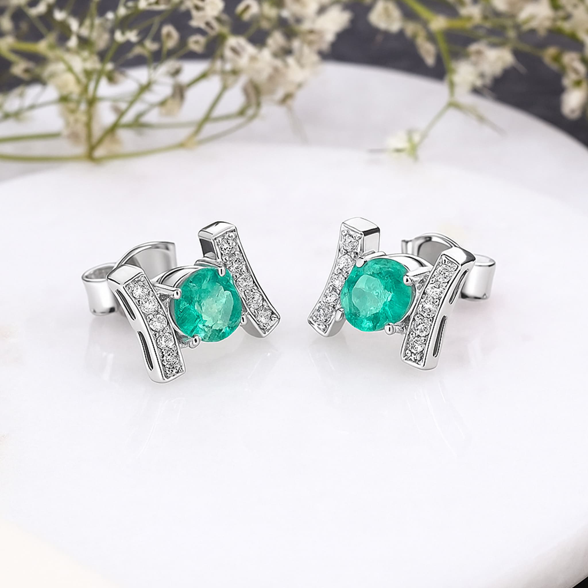Modern Emerald Diamond Stud Earrings
