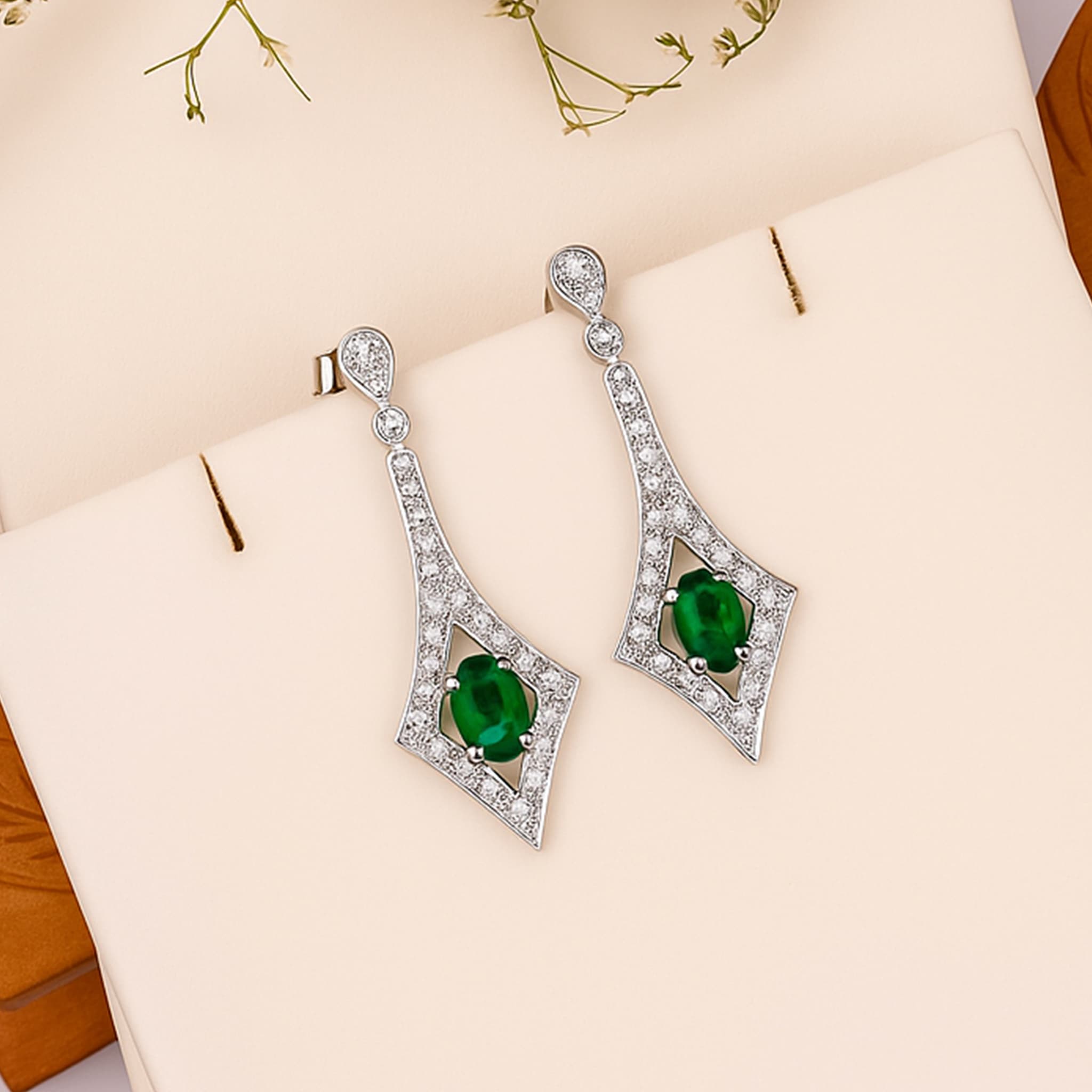 Emerald Diamond Geometric Drop Earrings alternate view