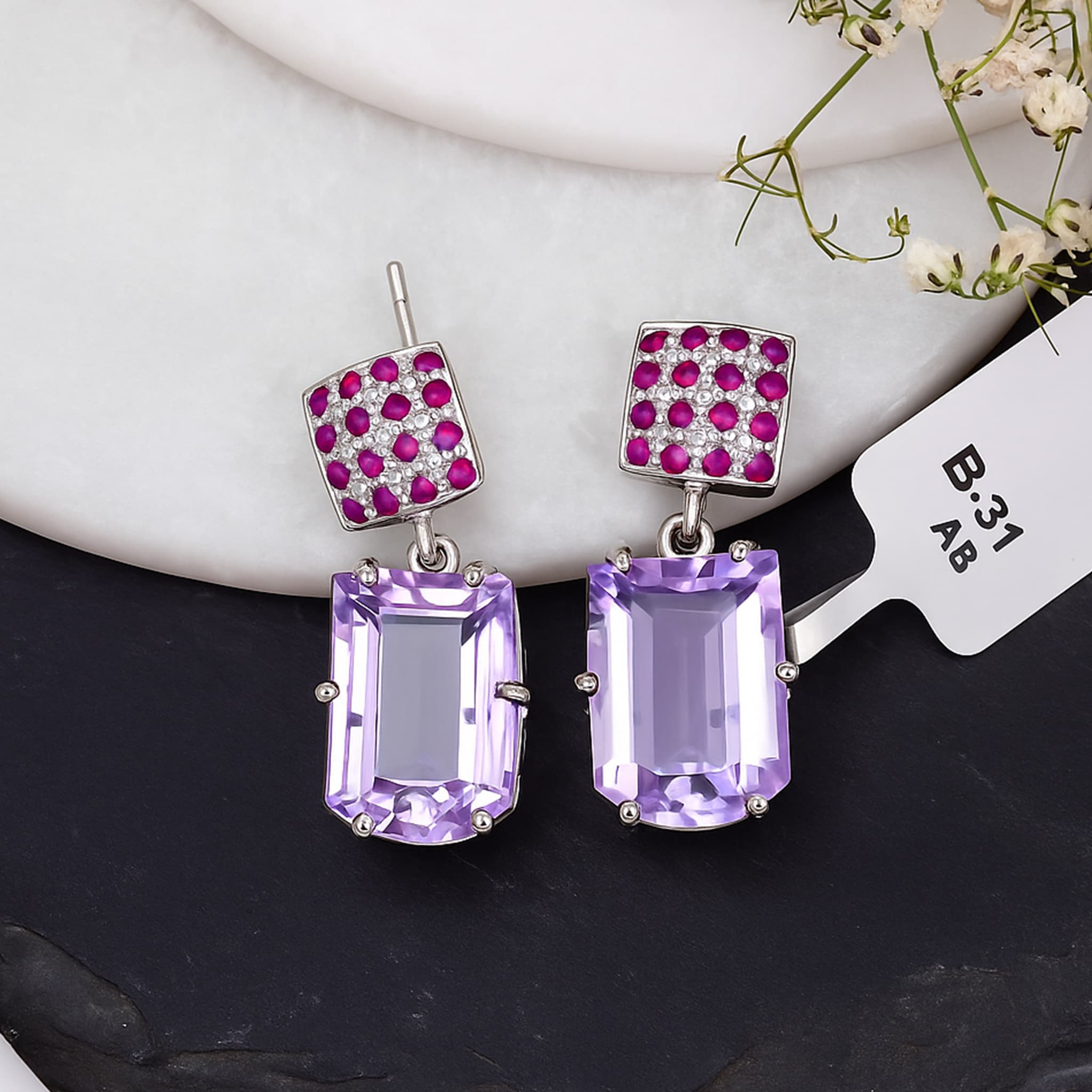 Amethyst Ruby Statement Drop Earrings