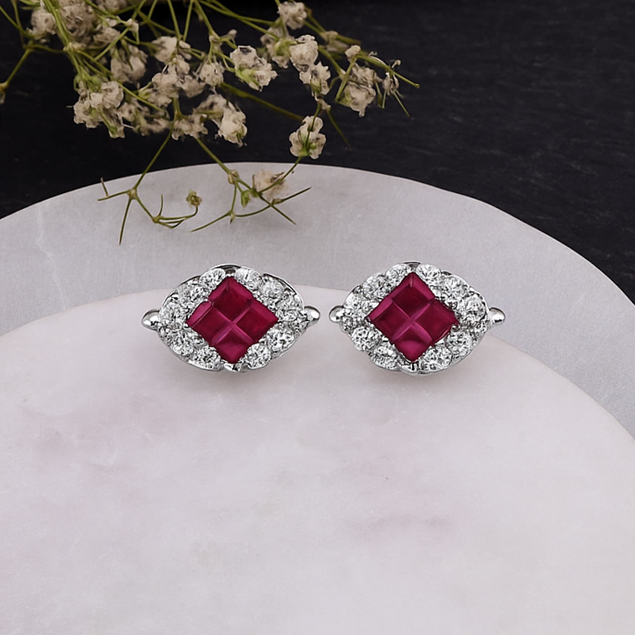 Celeste Invisible Set Ruby Diamond Stud Earrings