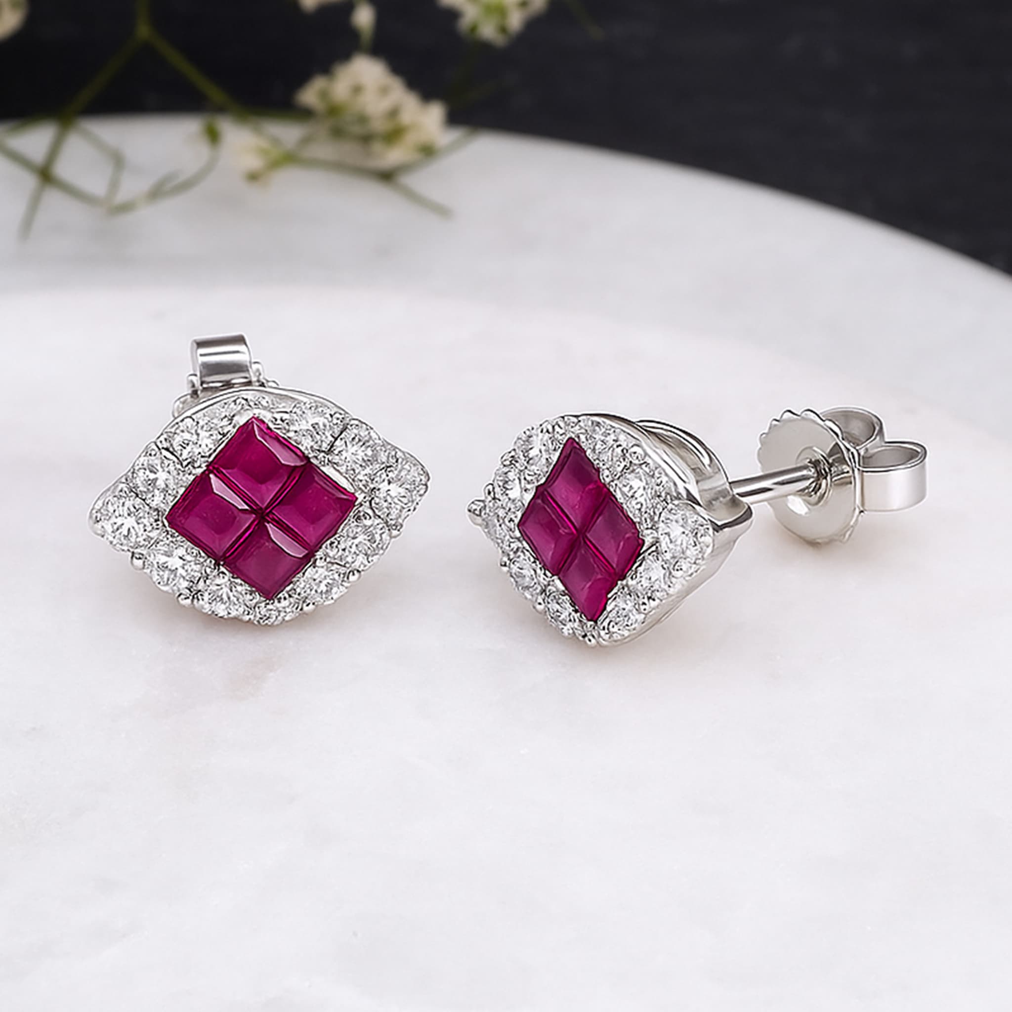 Celeste Invisible Set Ruby Diamond Stud Earrings