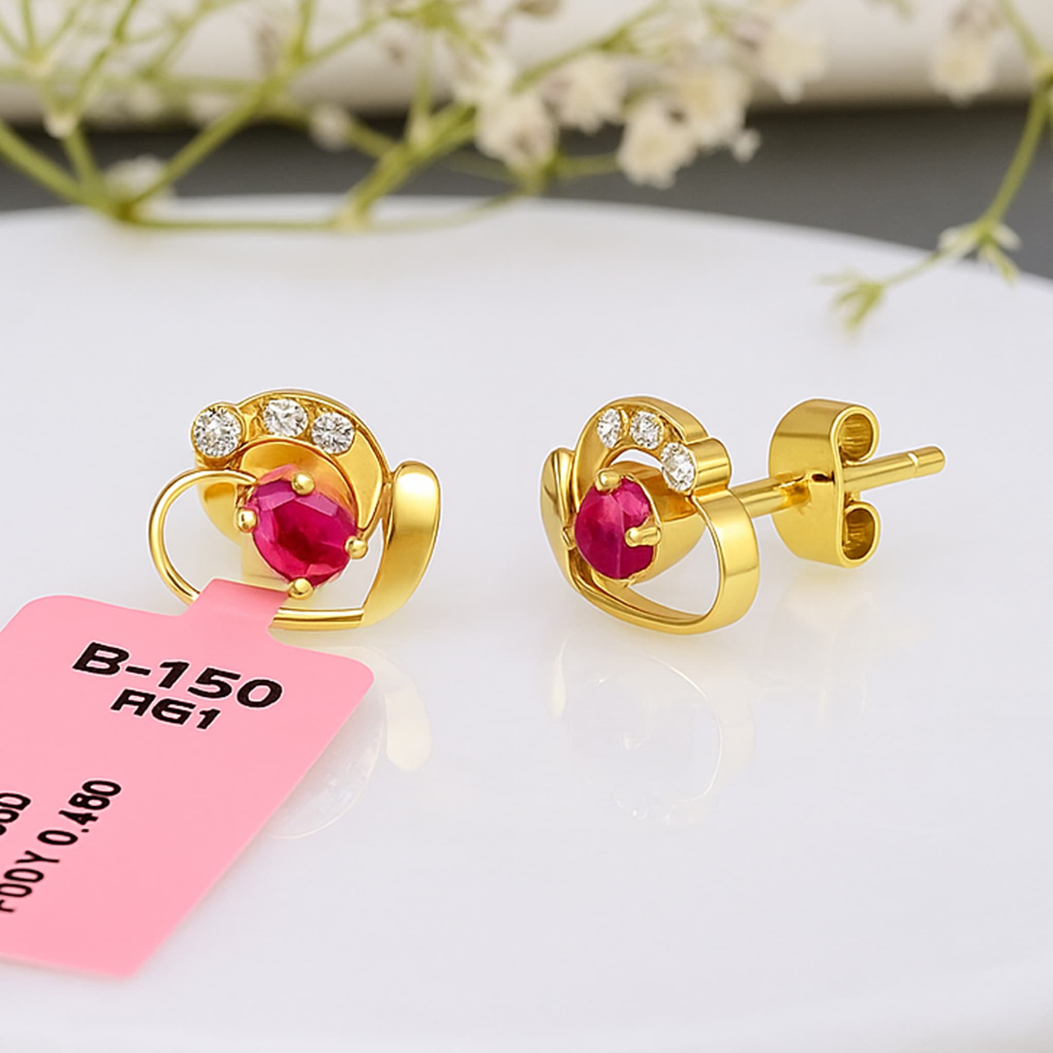 Ruby Heart Glow Diamond Stud Earrings