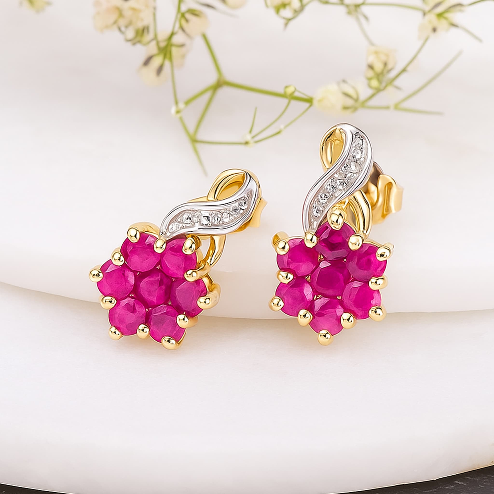 Rosette Ruby Diamond Cluster Stud Earrings