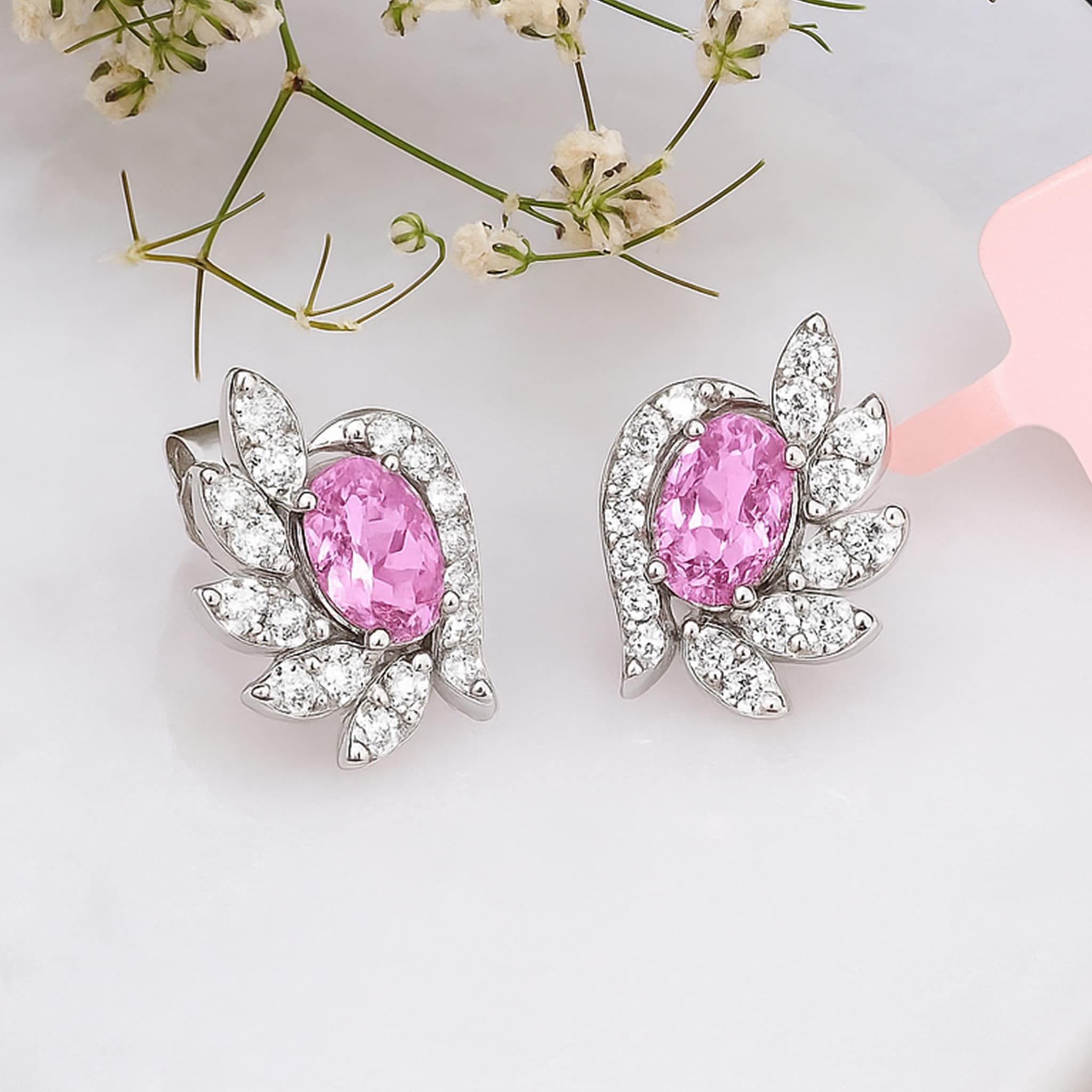 Aurielle Pink Sapphire Diamond Floral Stud Earrings alternate view