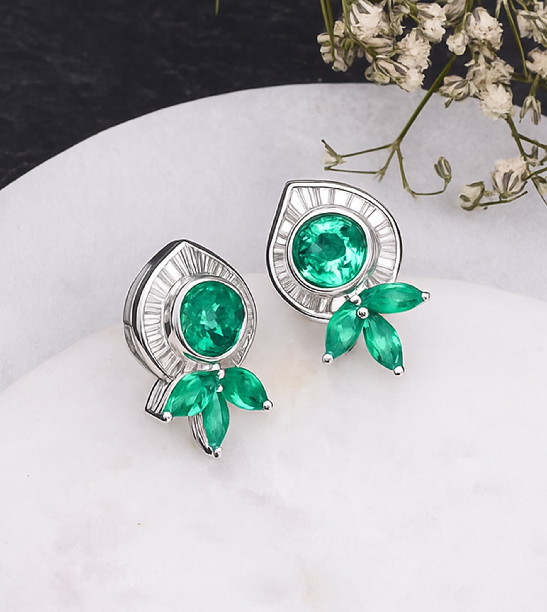 Elysian Emerald Diamond Floral Stud Earrings alternate view