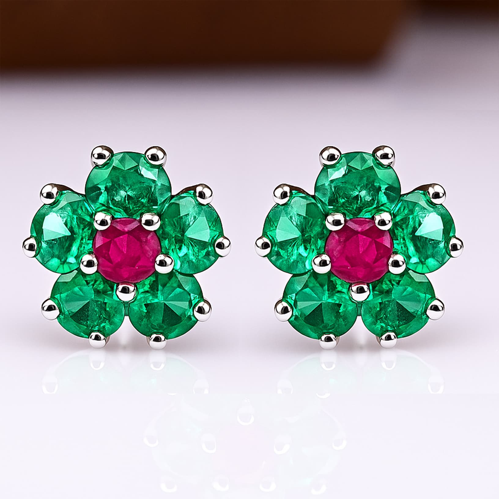Blooming Emerald Ruby Floral Stud Earrings