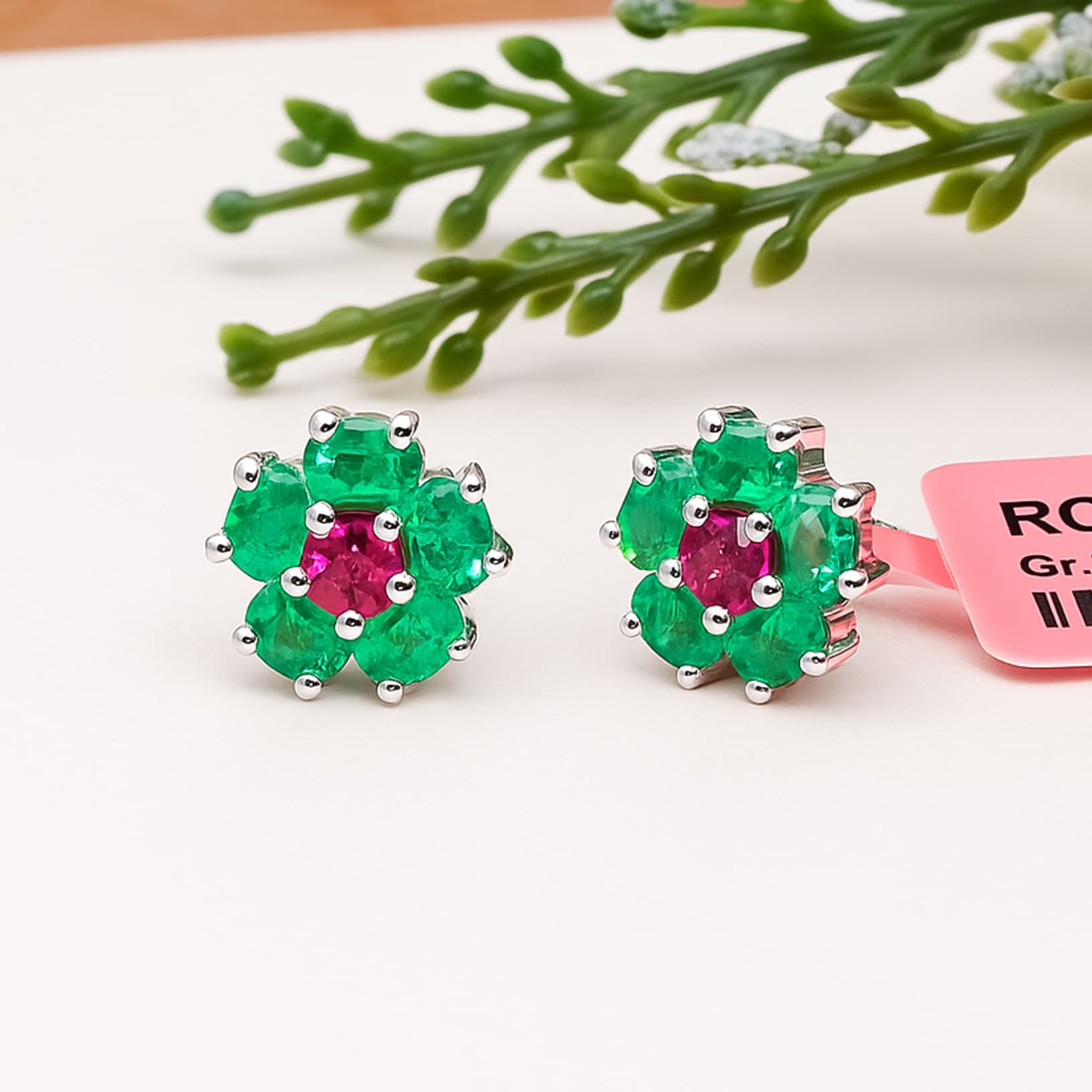 Blooming Emerald Ruby Floral Stud Earrings alternate view