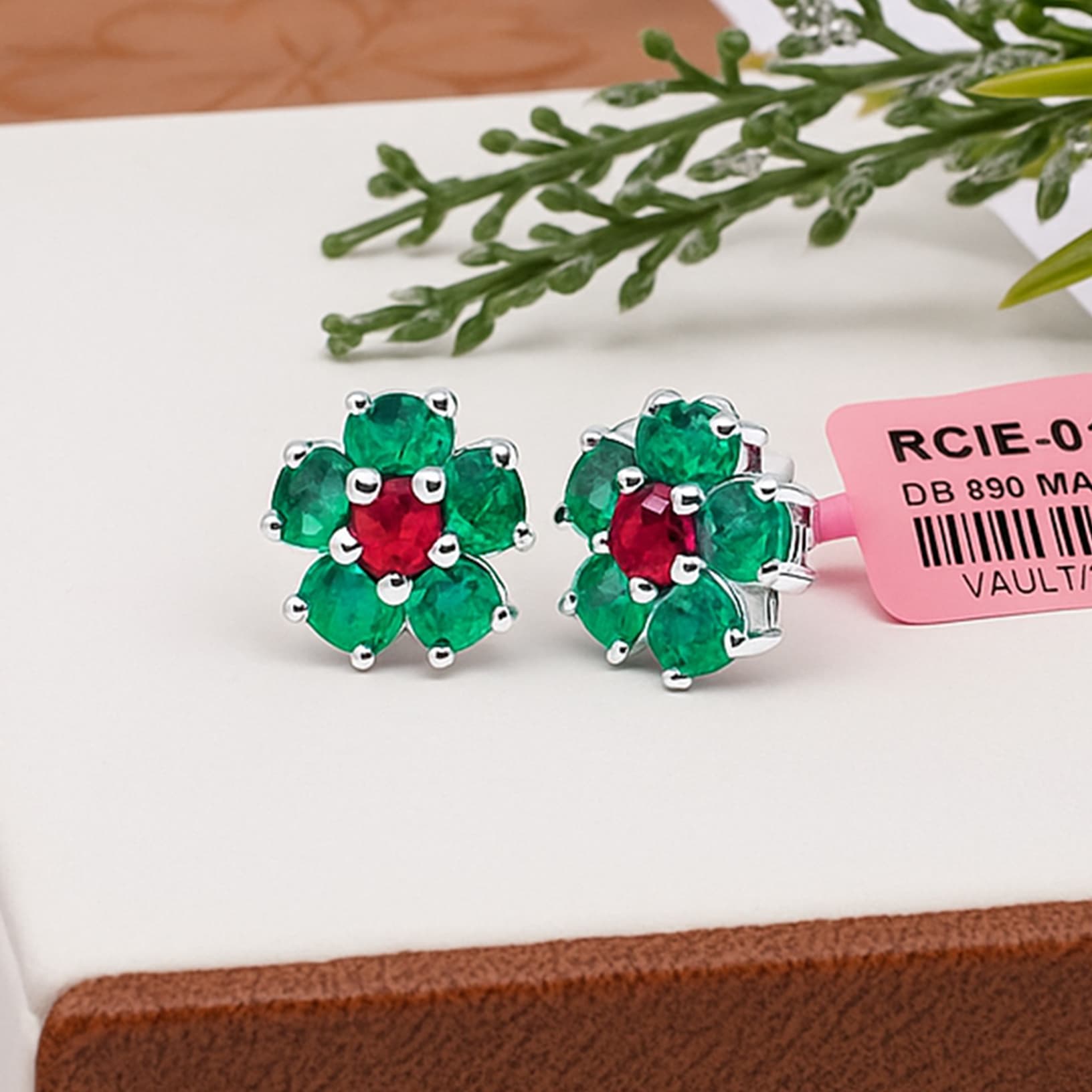 Blooming Emerald Ruby Floral Stud Earrings