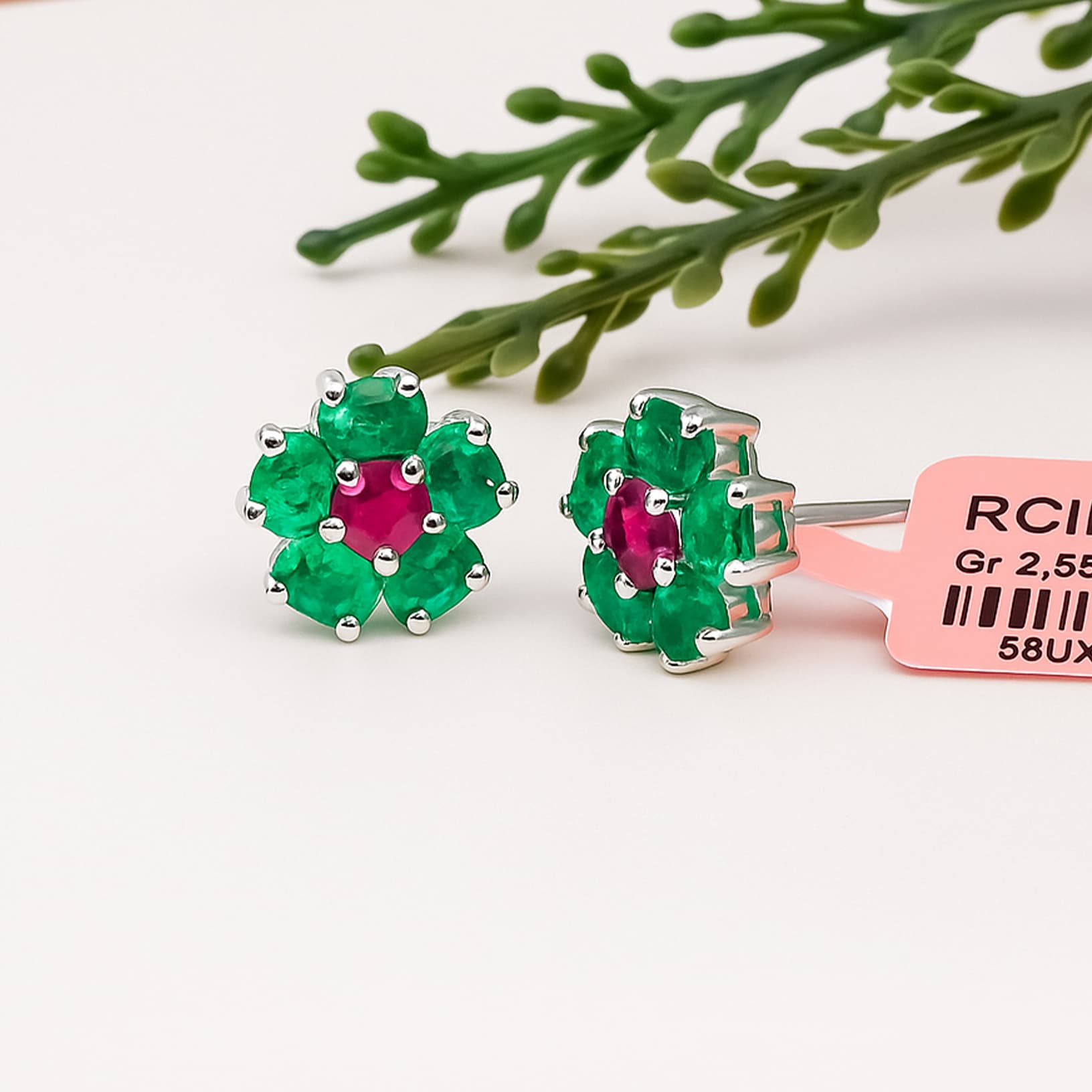 Blooming Emerald Ruby Floral Stud Earrings