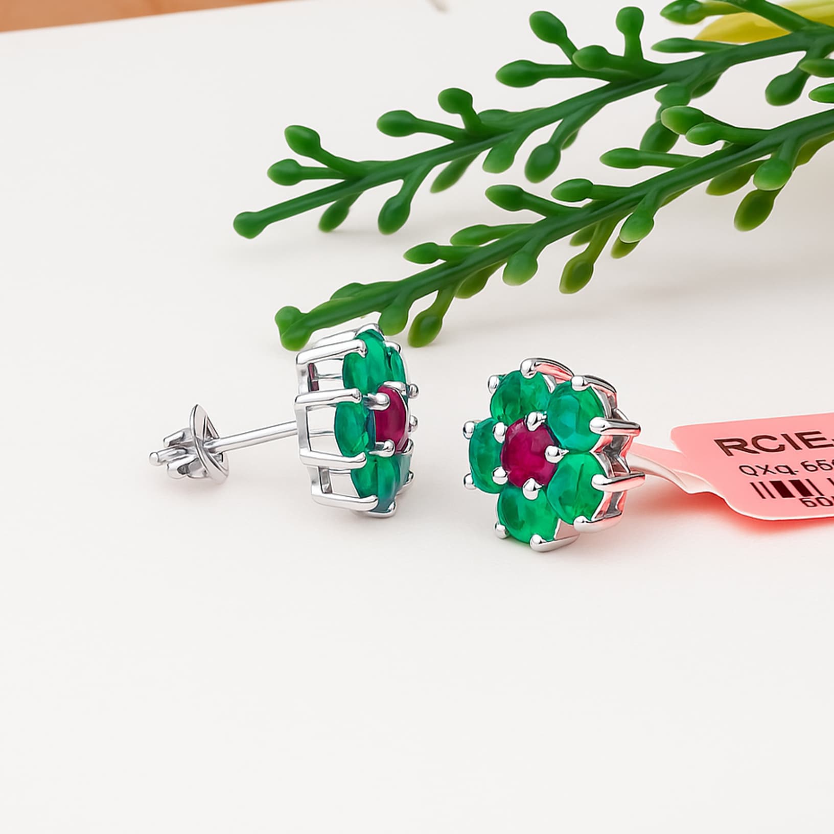 Blooming Emerald Ruby Floral Stud Earrings