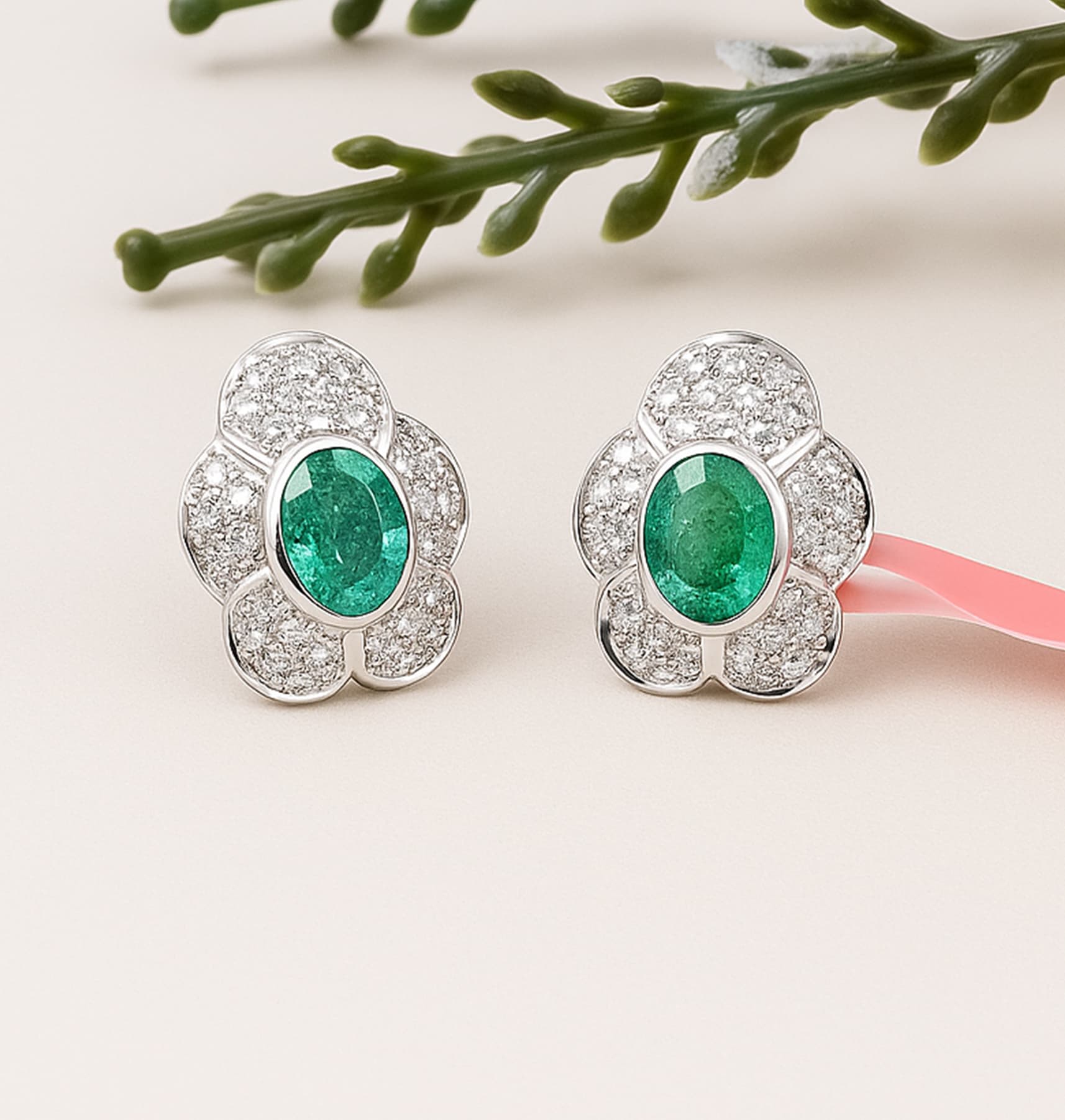 Emerald Blossom Diamond Stud Earrings alternate view