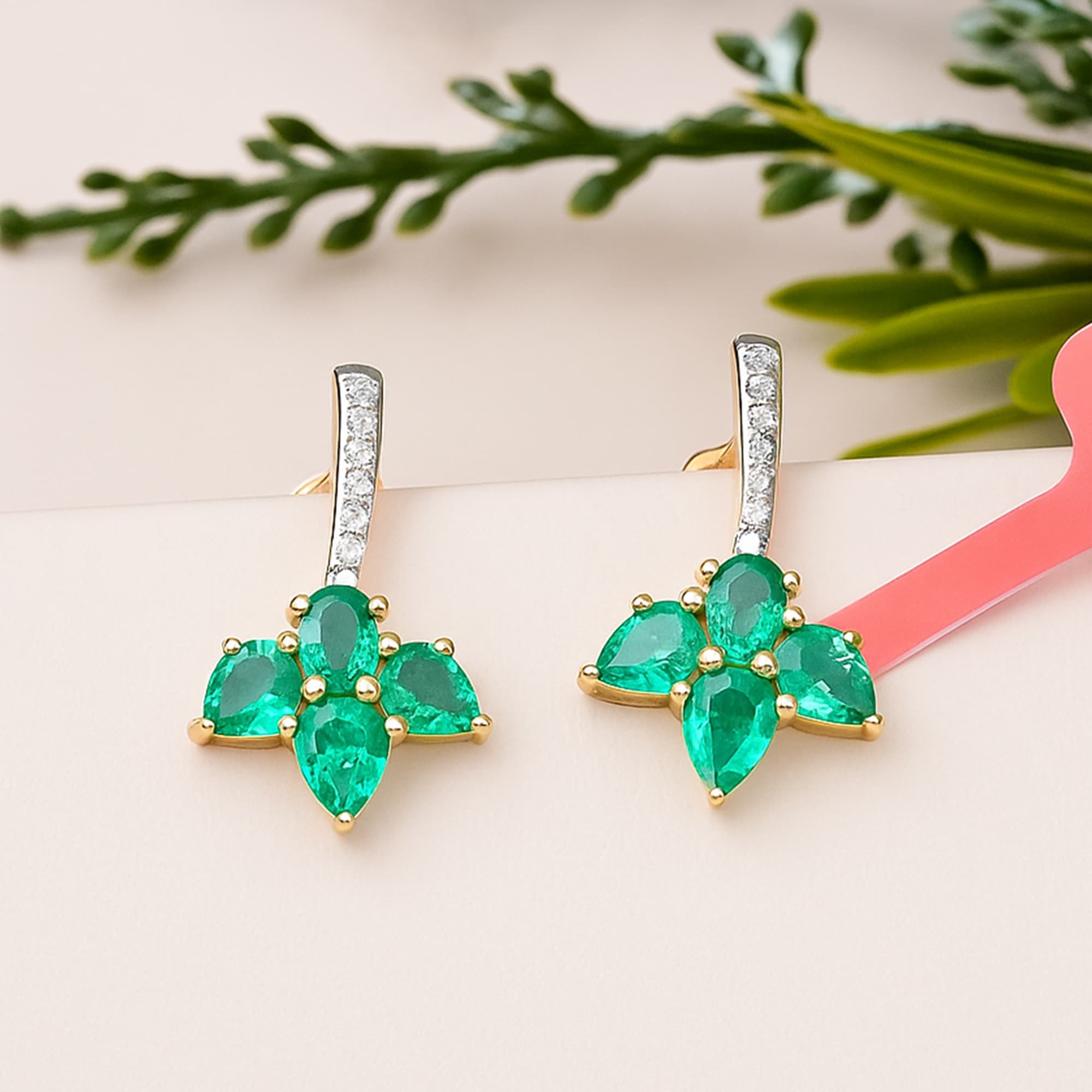 Emerald Petal Diamond Drop Stud Earrings alternate view