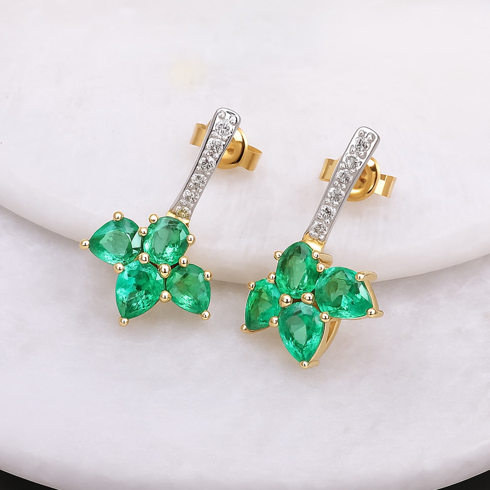 Emerald Petal Diamond Drop Stud Earrings
