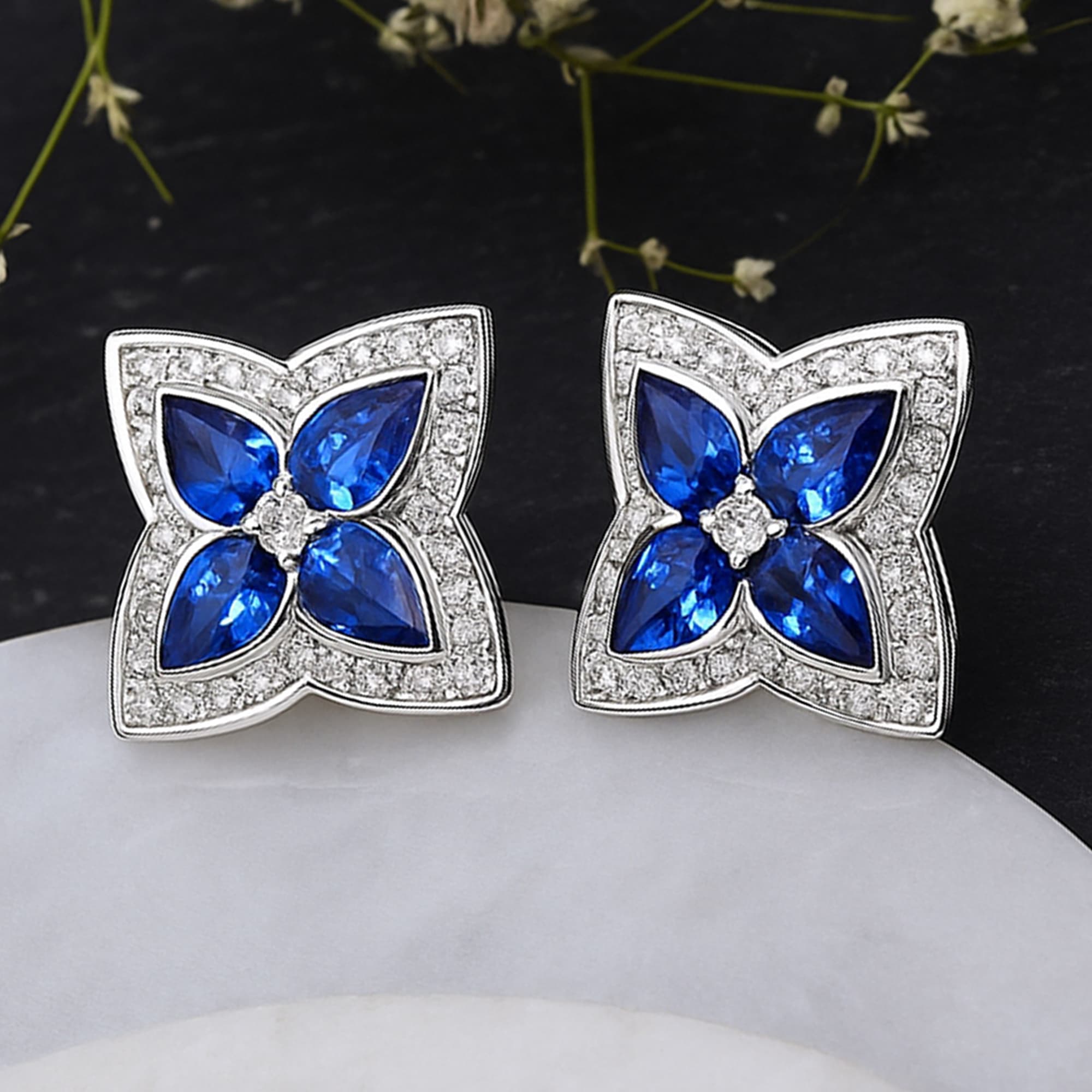 Royal Blue Sapphire Floral Diamond Stud Earrings alternate view