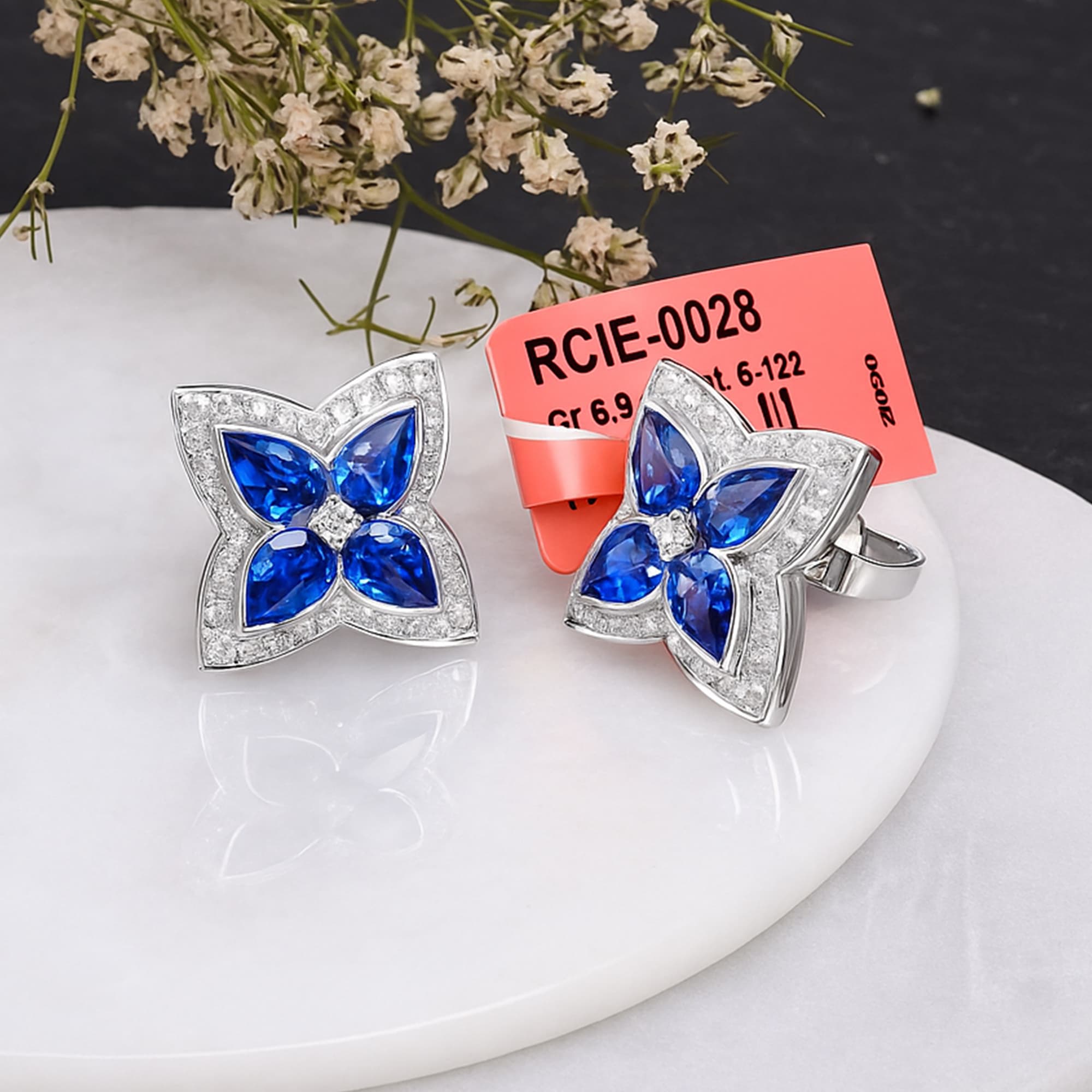 Royal Blue Sapphire Floral Diamond Stud Earrings