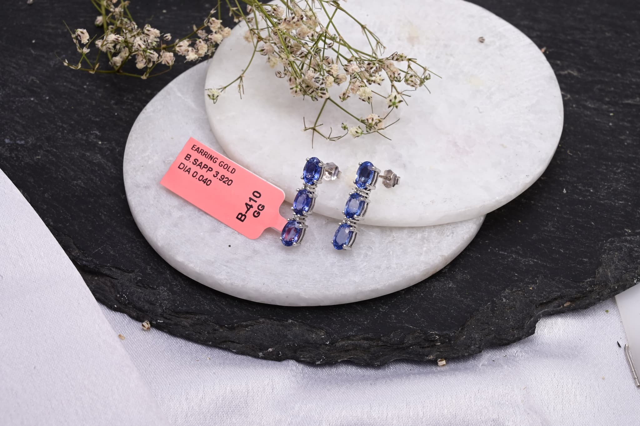 Royal Blue Sapphire Linear Drop Stud Earrings