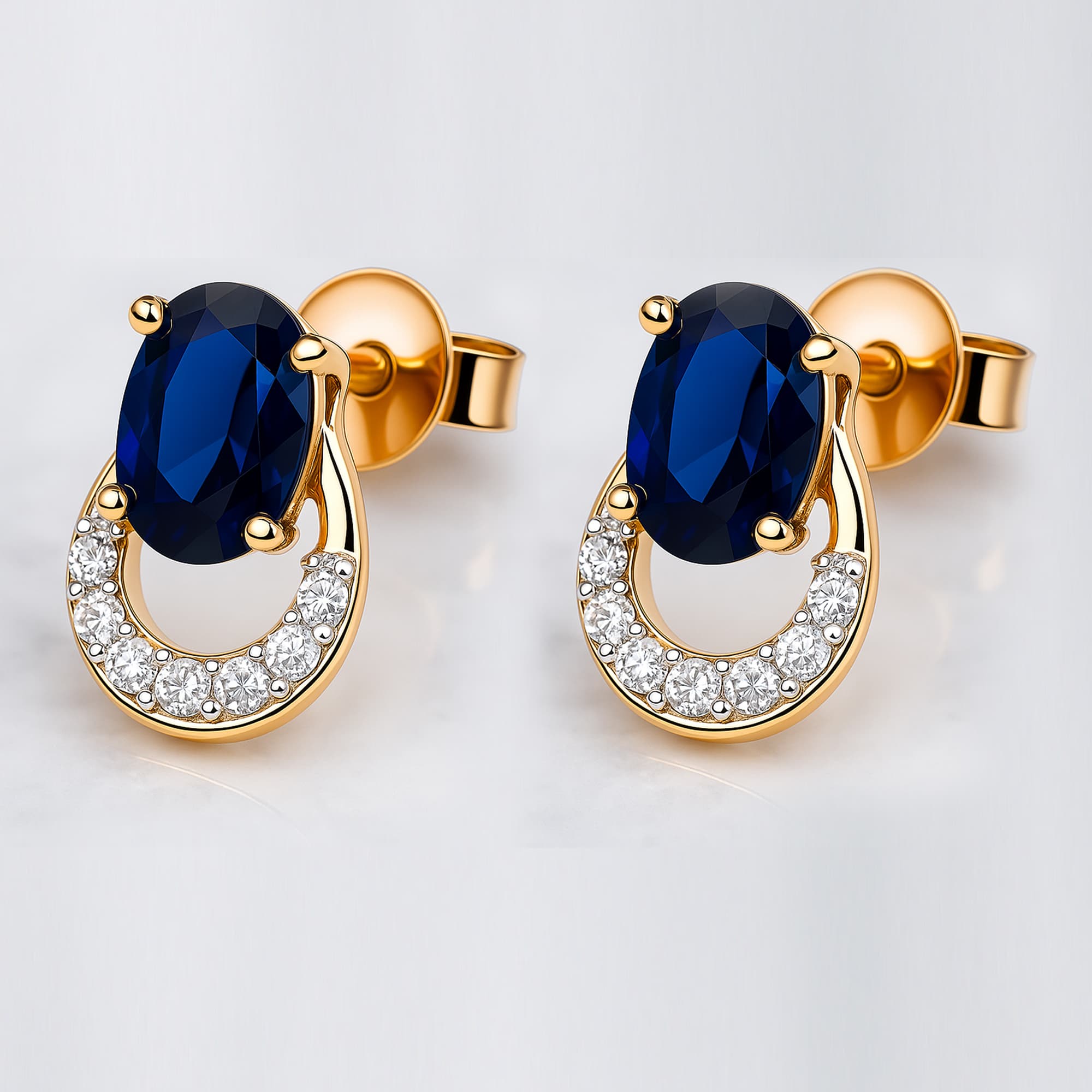 Royal Blue Sapphire Diamond Halo Stud Earrings