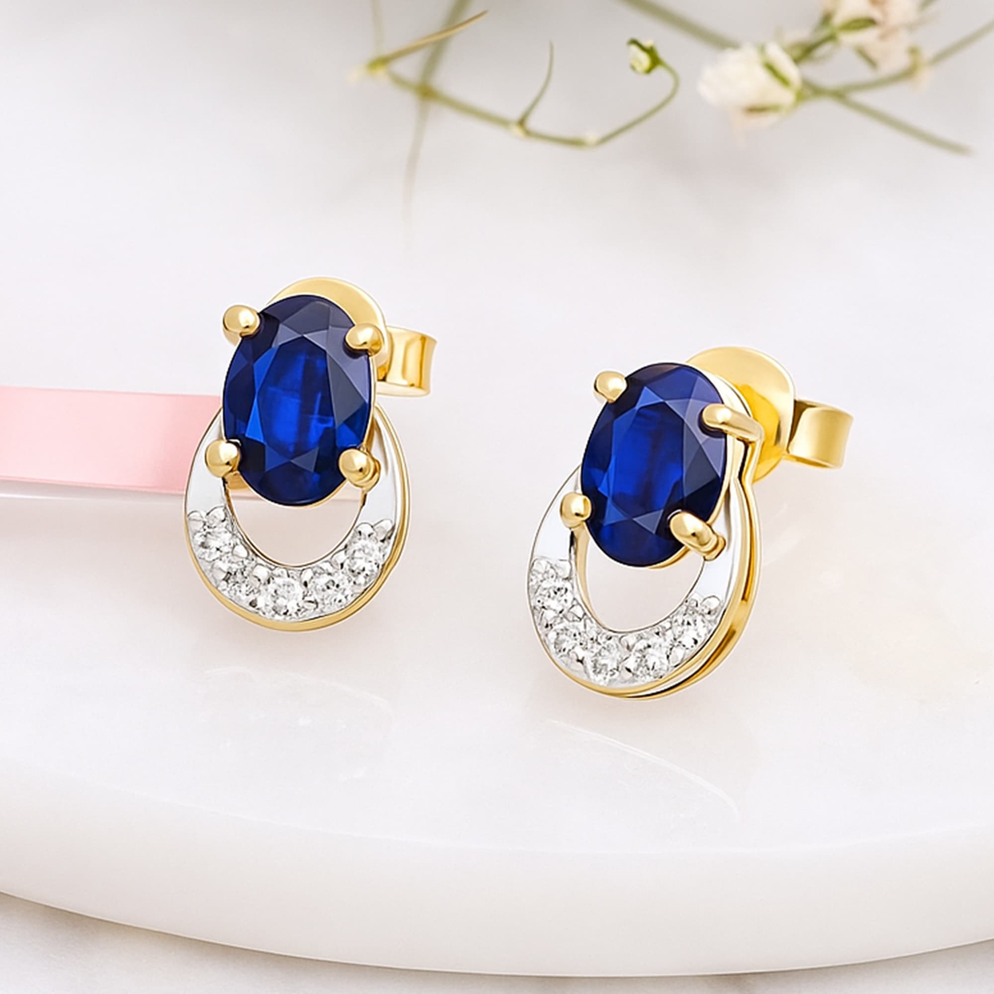 Royal Blue Sapphire Diamond Halo Stud Earrings alternate view