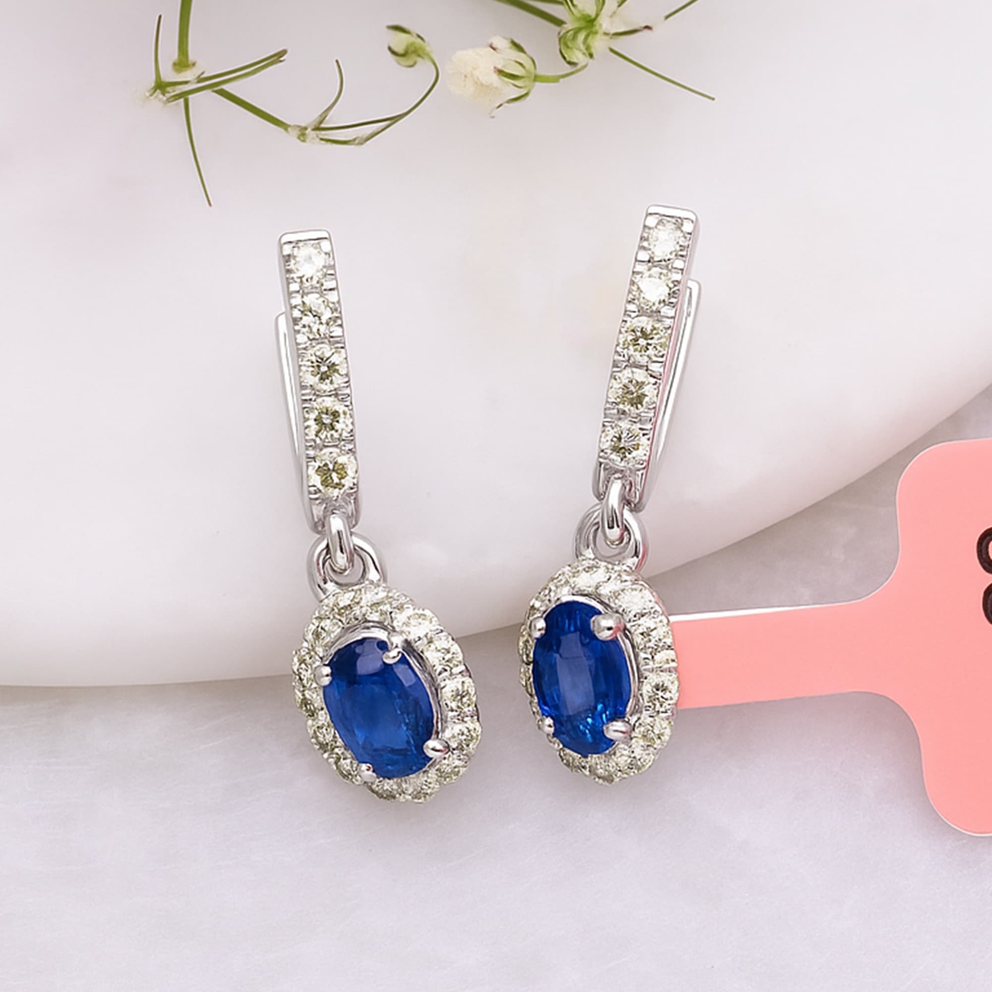 Royal Blue Sapphire Diamond Halo Drop Earrings alternate view