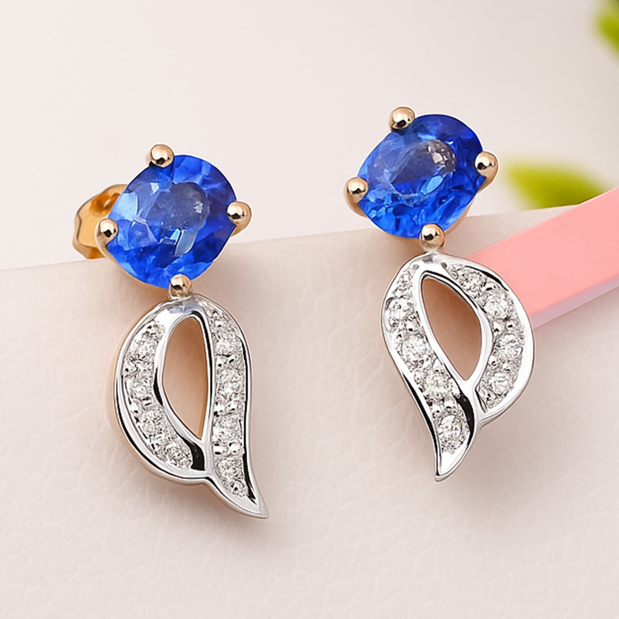 Azure Leaf Blue Sapphire Diamond Drop Earrings