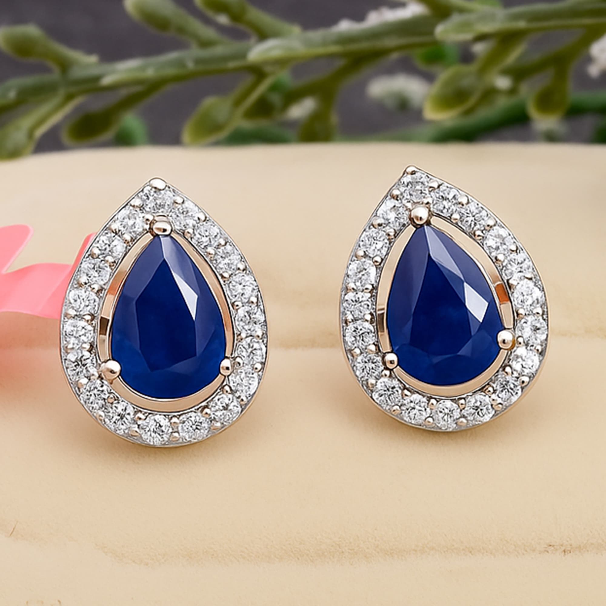 Royal Pear Blue Sapphire Diamond Halo Stud Earrings