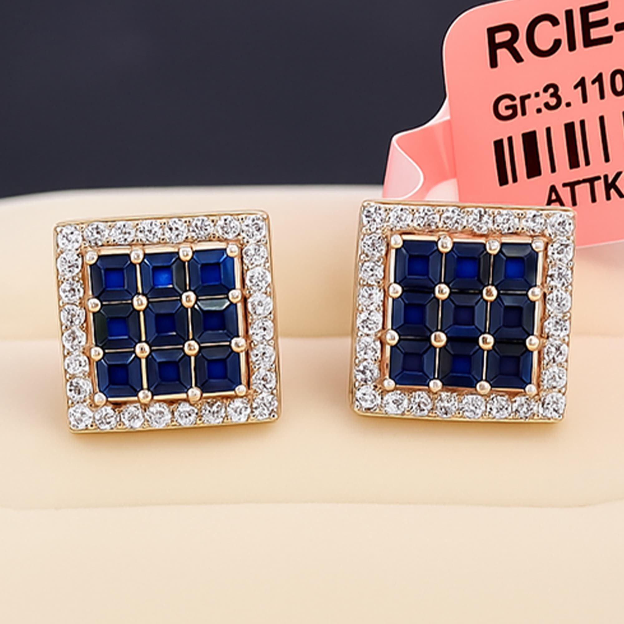 Royal Sapphire Grid Diamond Stud Earrings alternate view