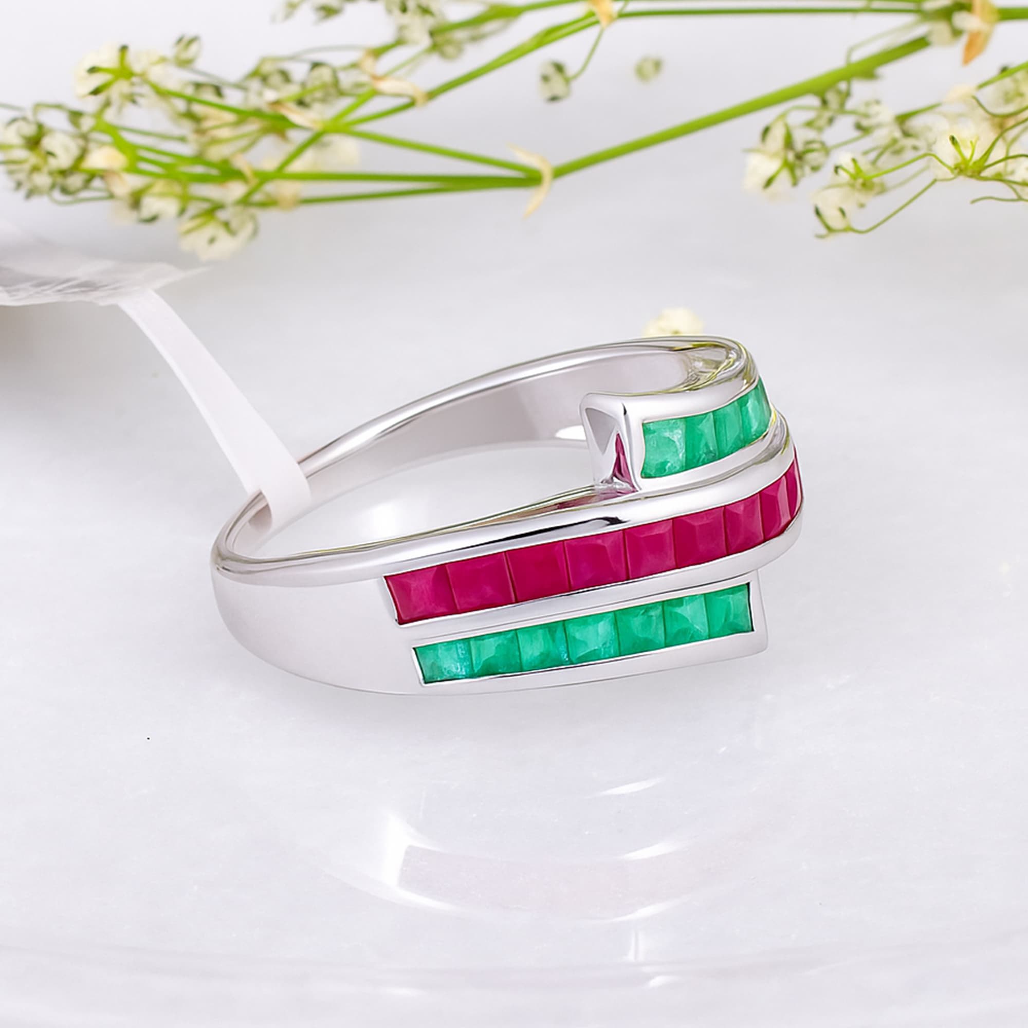 Ruby & Emerald Ribbon Wave Ring alternate view