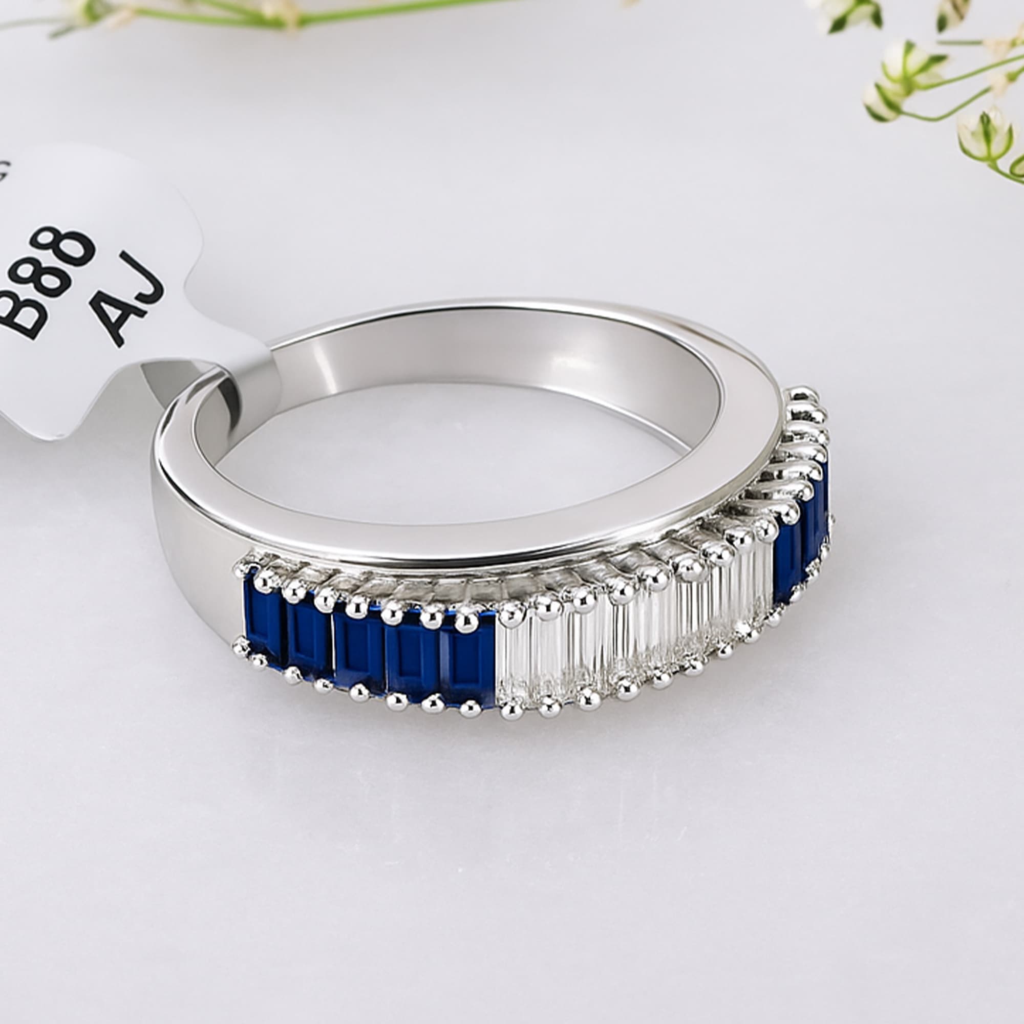 Blue Sapphire & Diamond Half Eternity Ring