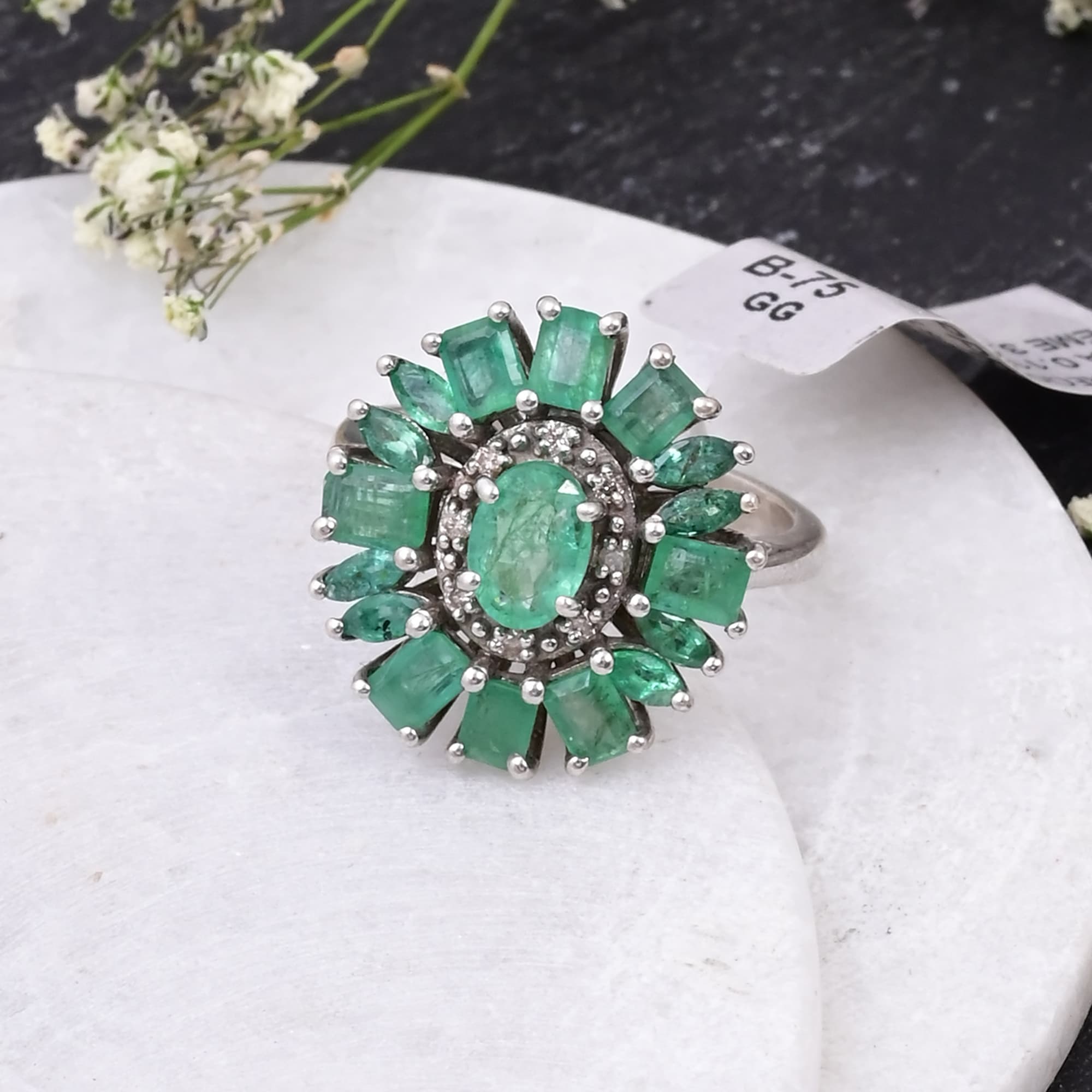 Emerald Sunburst Halo Ring