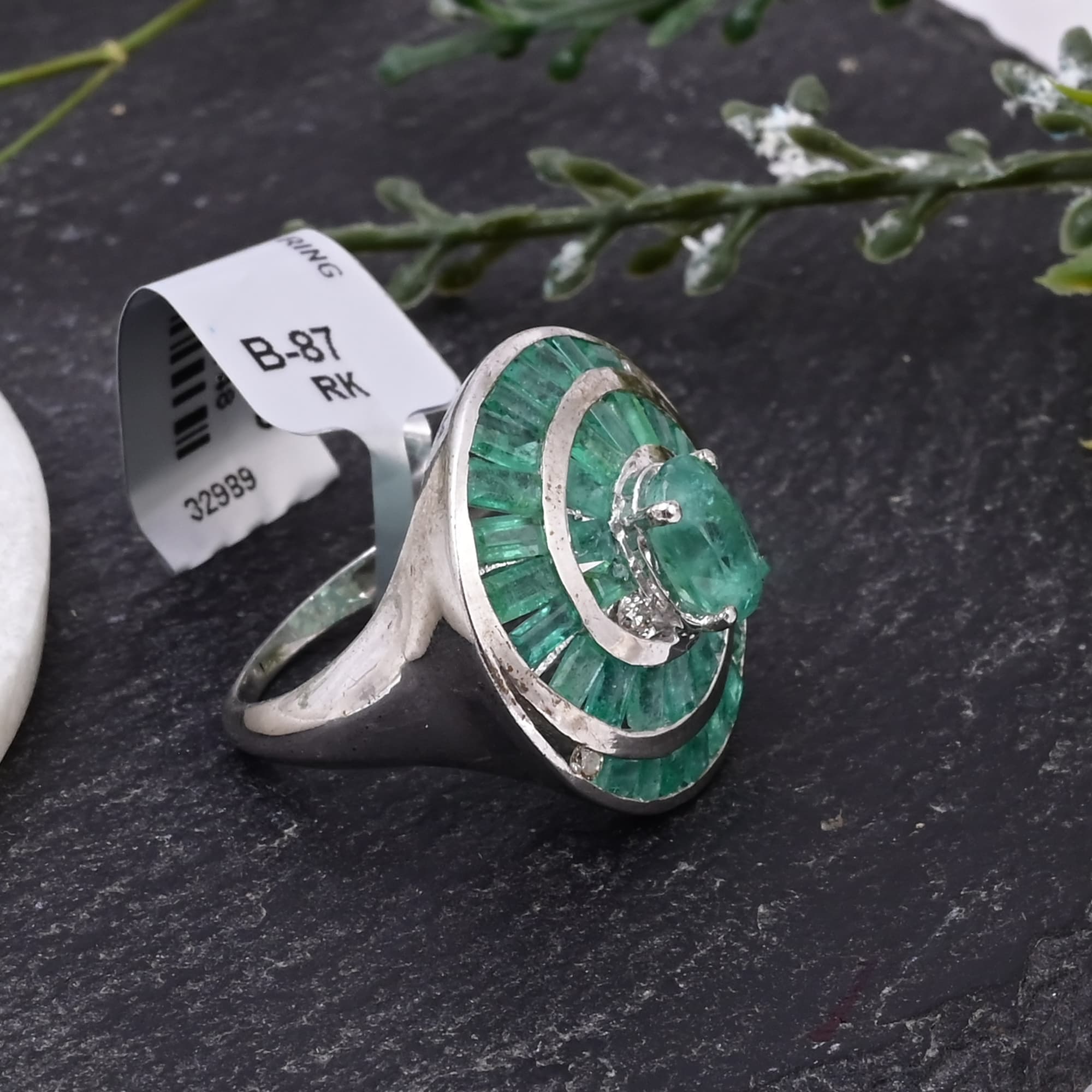 Emerald Spiral Halo Ring