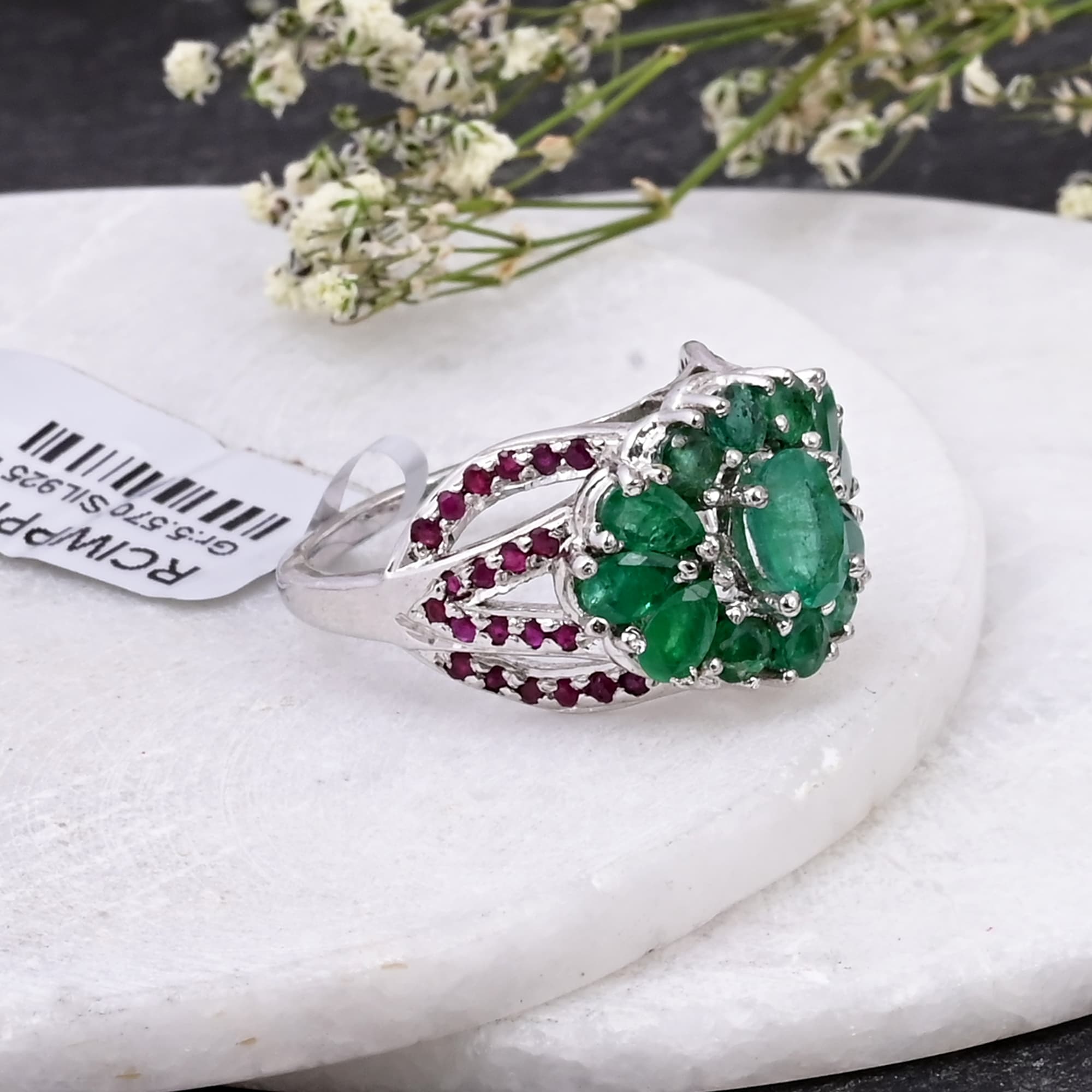 Emerald Blossom Ruby Accent Ring